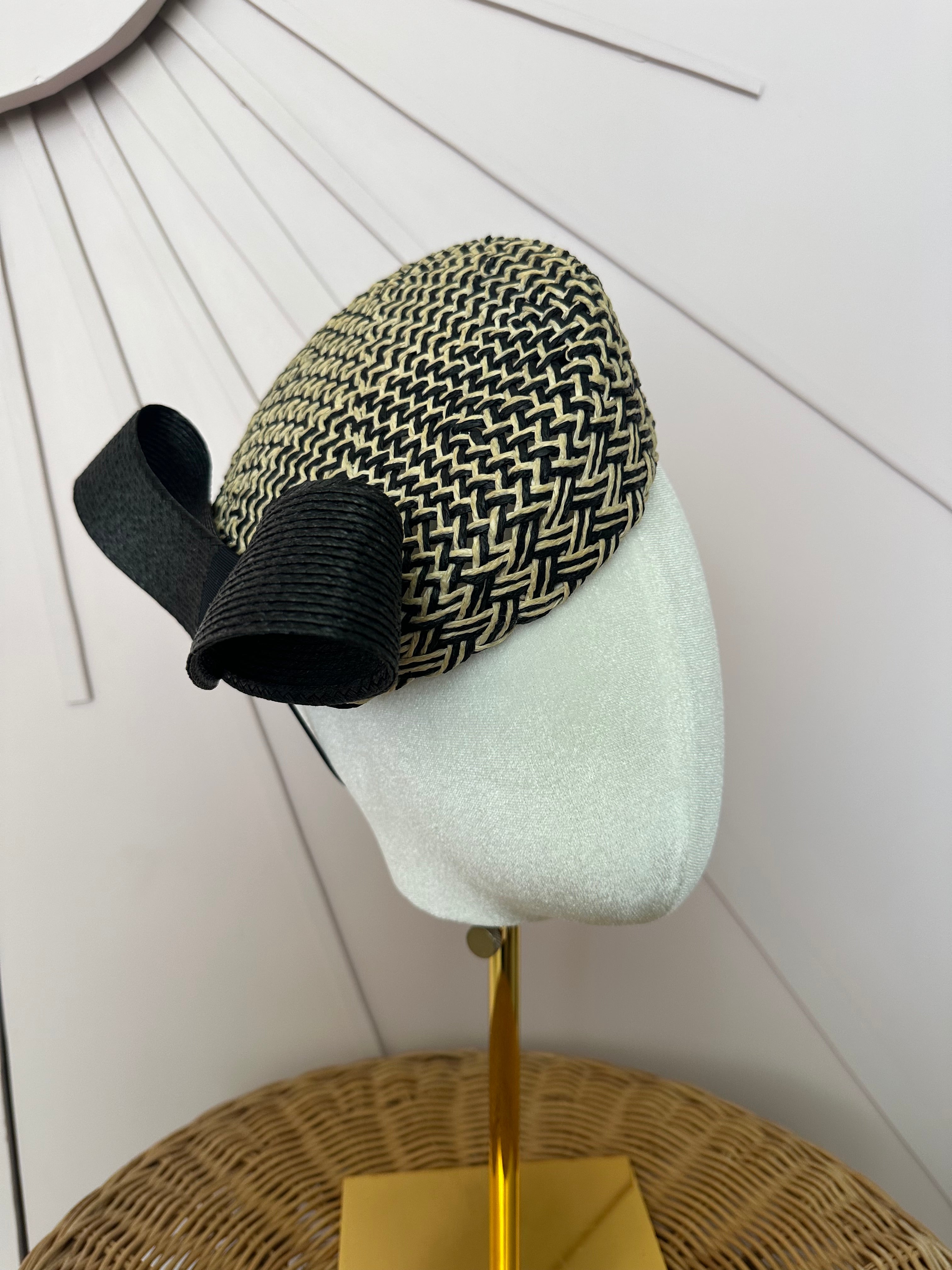 Black & Natural Woven Pillbox Hat with Sculptural Bow