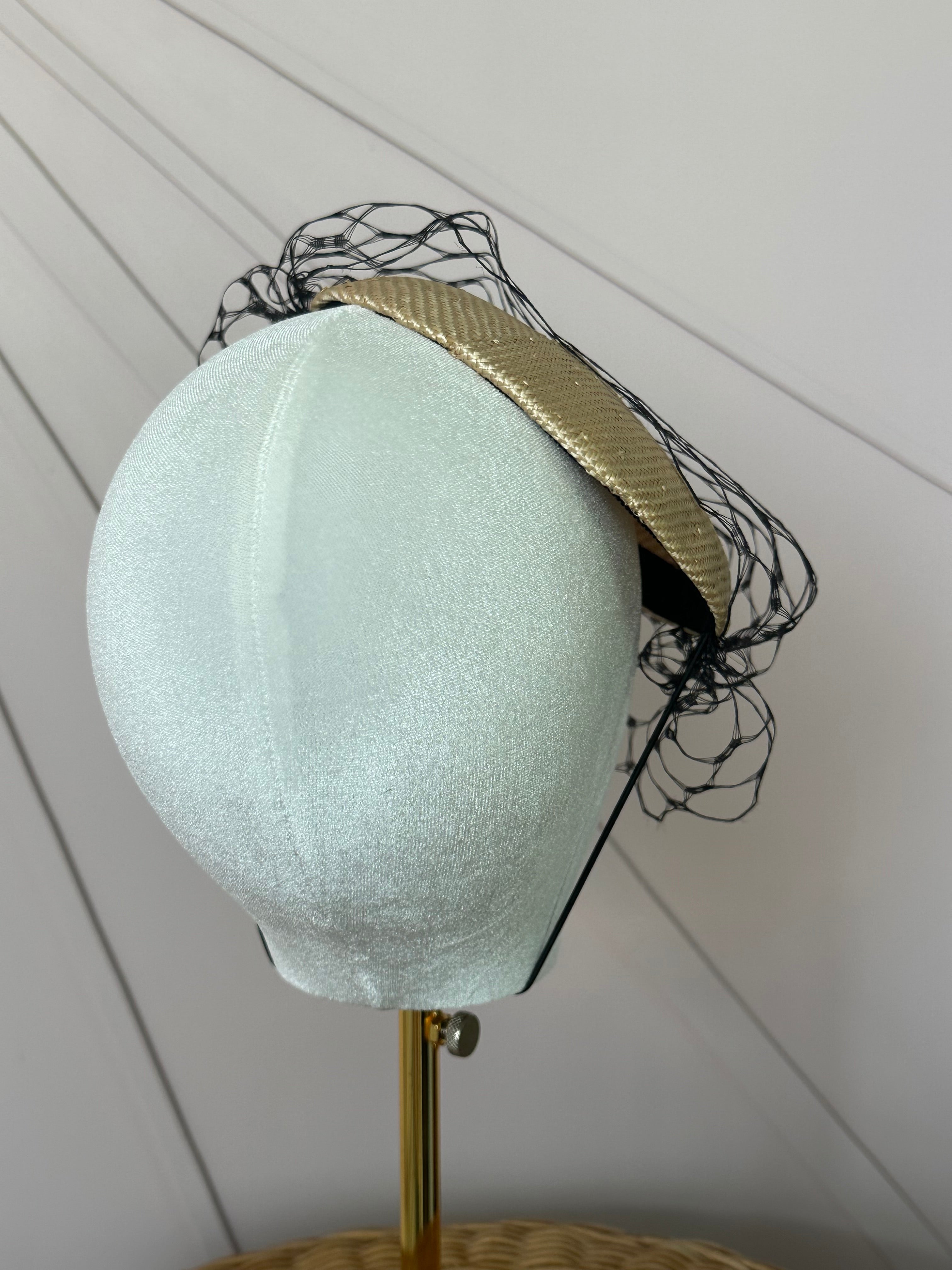 Vintage Sisal Cocktail Hat with Deadstock Russian Veiling | One of a Kind