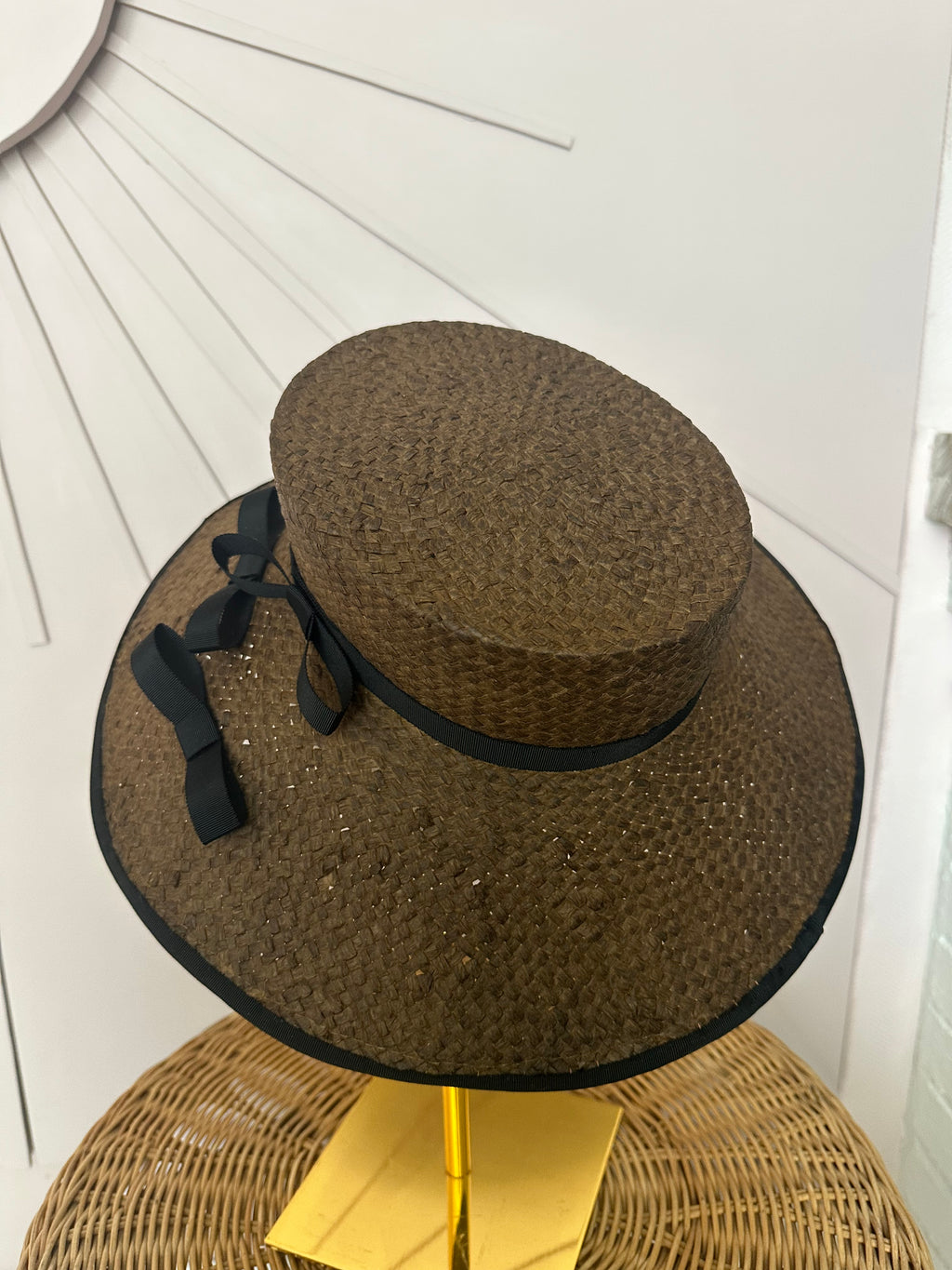 Chocolate Brown Wide Brim Straw Occasion Hat with Vintage Black Petersham Trim