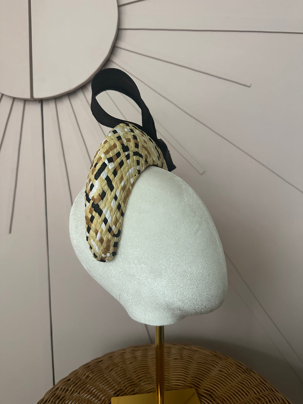 Patterned Straw Halo Headband with Vintage Sisal Bow | One-of-a-Kind Millinery
