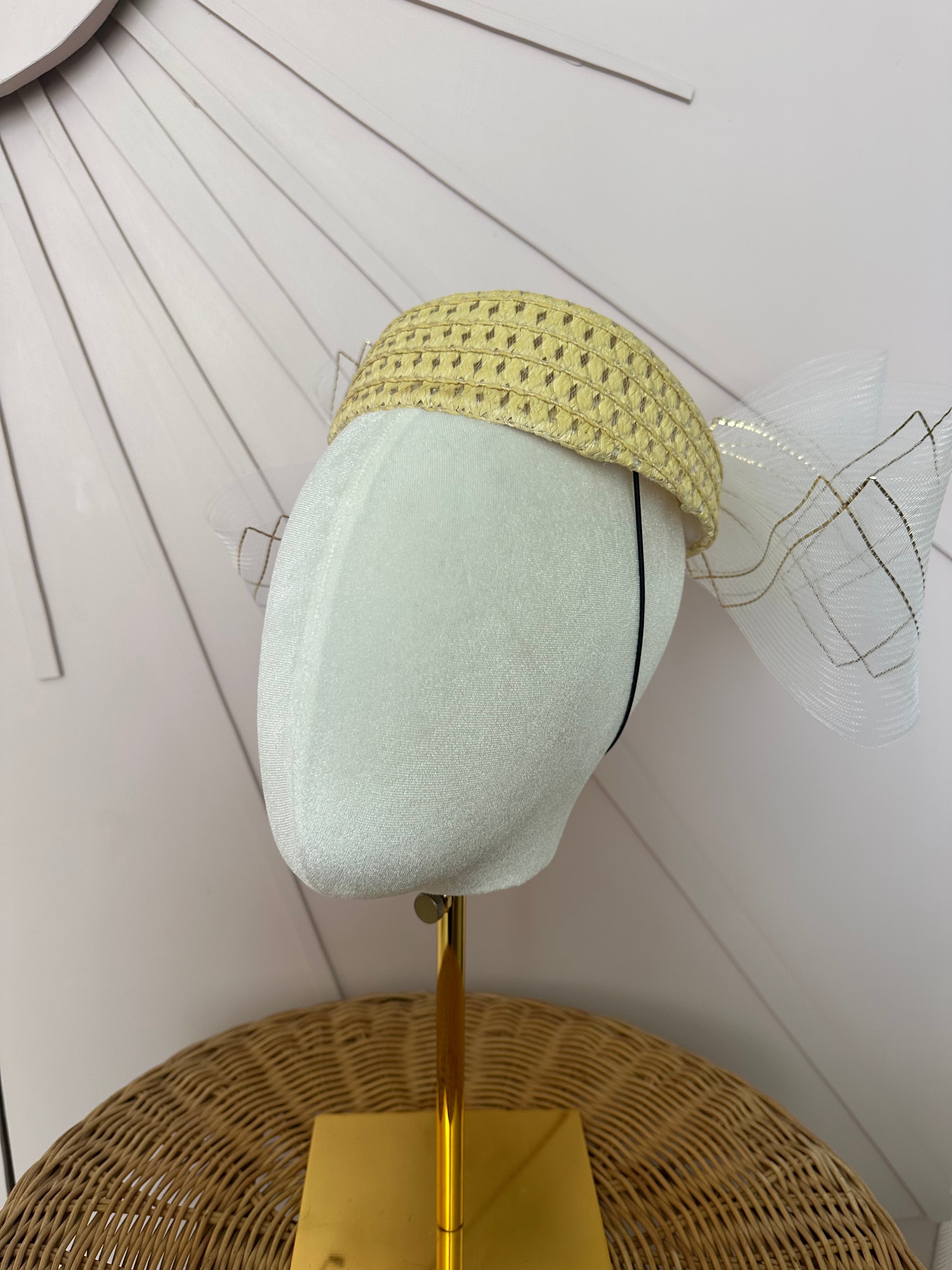 Natural Straw Pillbox Hat with Ivory & Gold Crinoline Bow