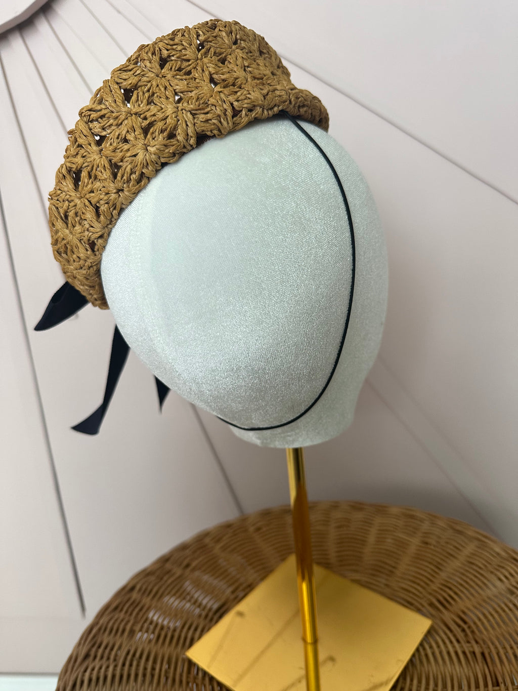 Natural Crochet Straw Button Hat with Black Grosgrain Bow
