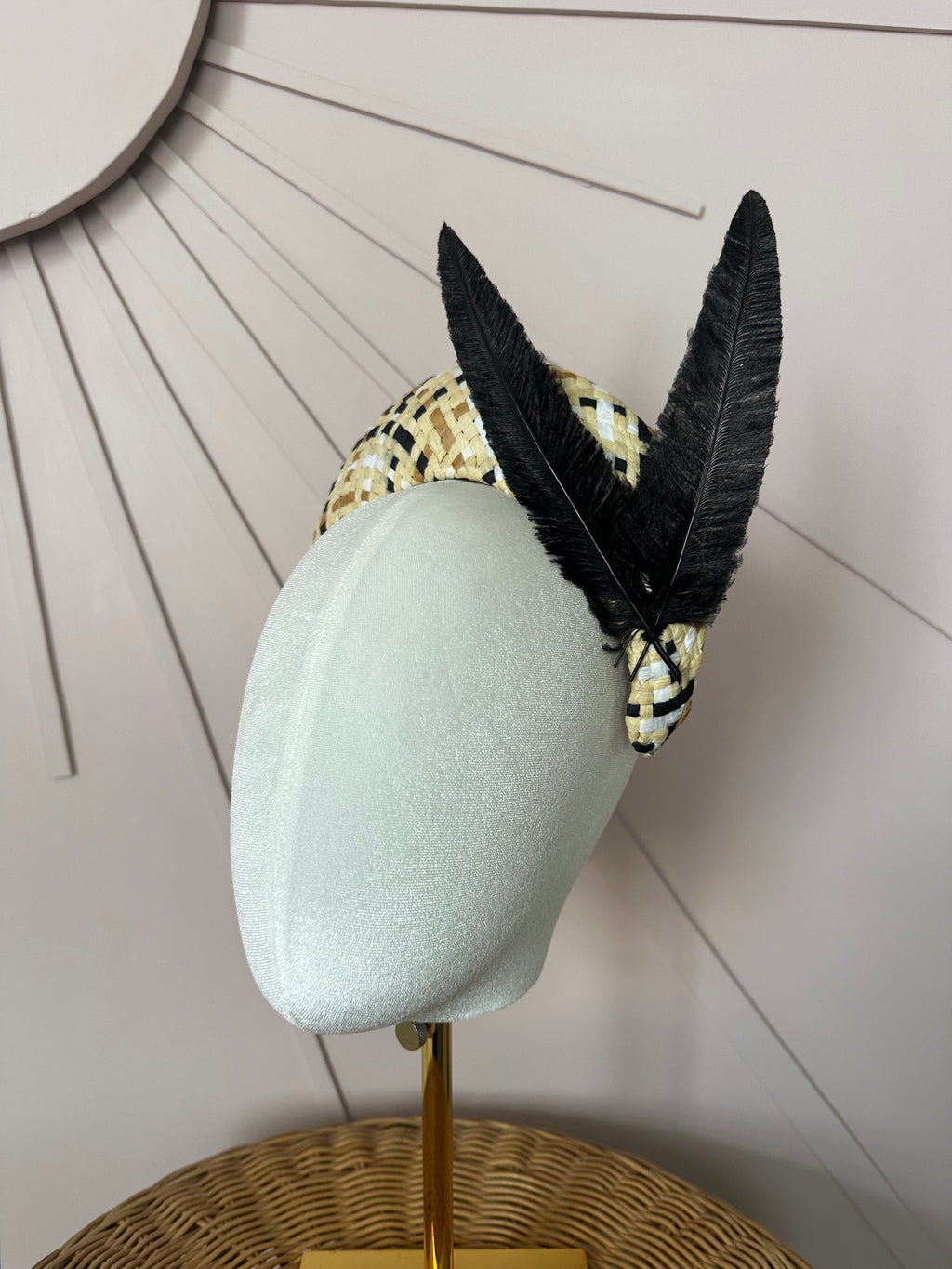 Black & Natural Woven Straw Halo Headpiece Woven with Hand-Trimmed Feather Detail