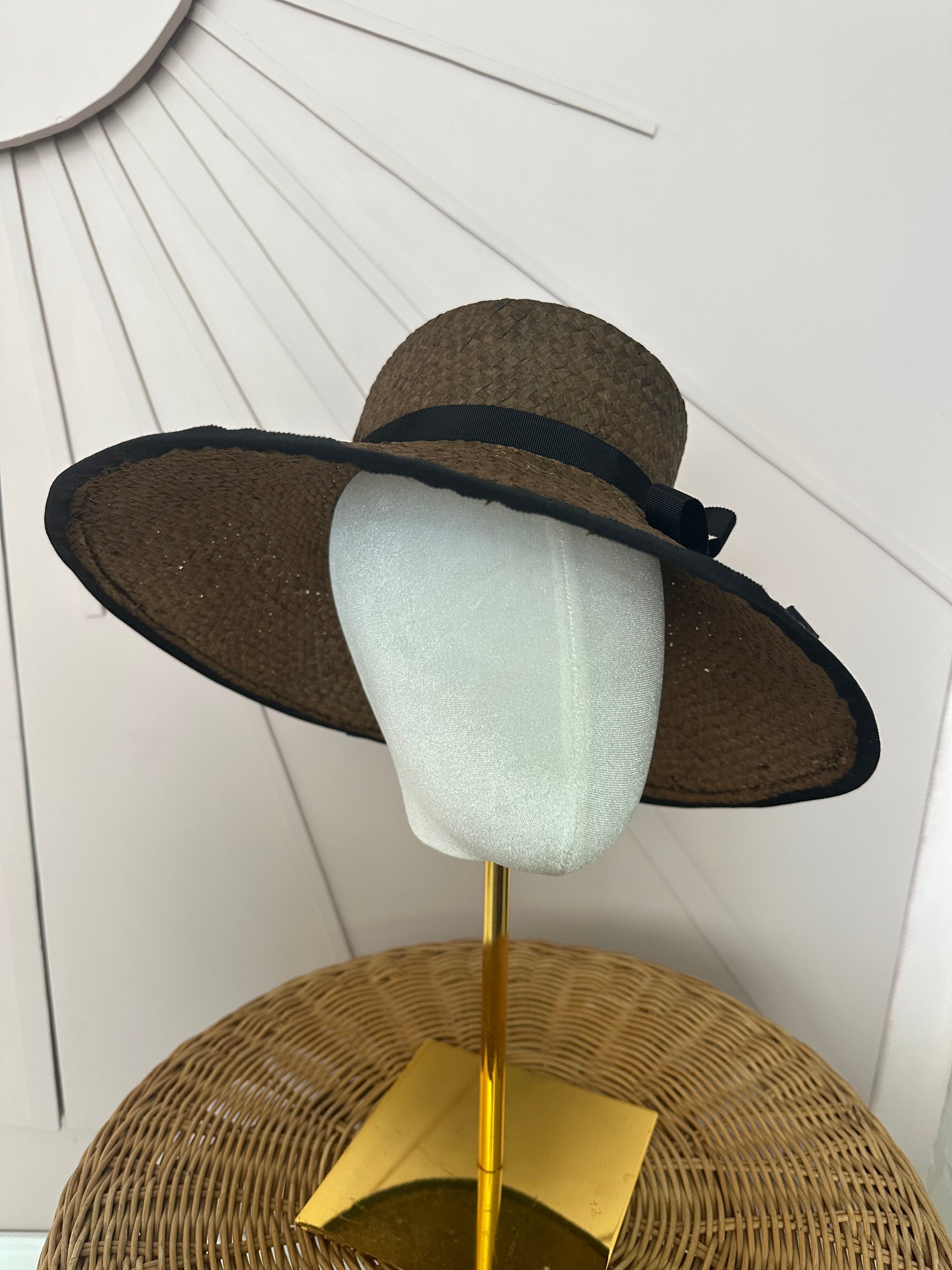 Chocolate Brown Wide Brim Straw Occasion Hat with Vintage Black Petersham Trim