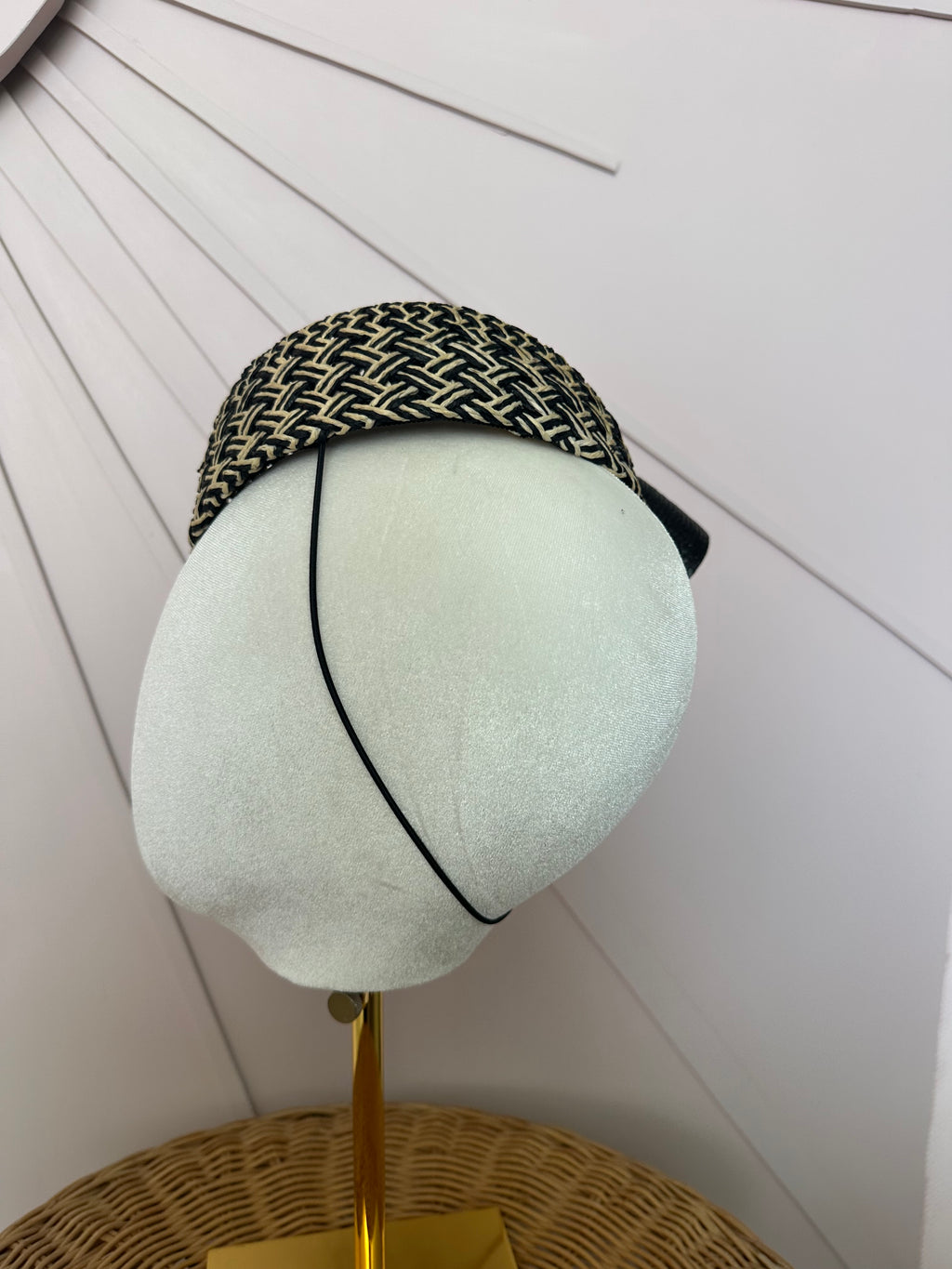 Black & Natural Woven Pillbox Hat with Sculptural Bow
