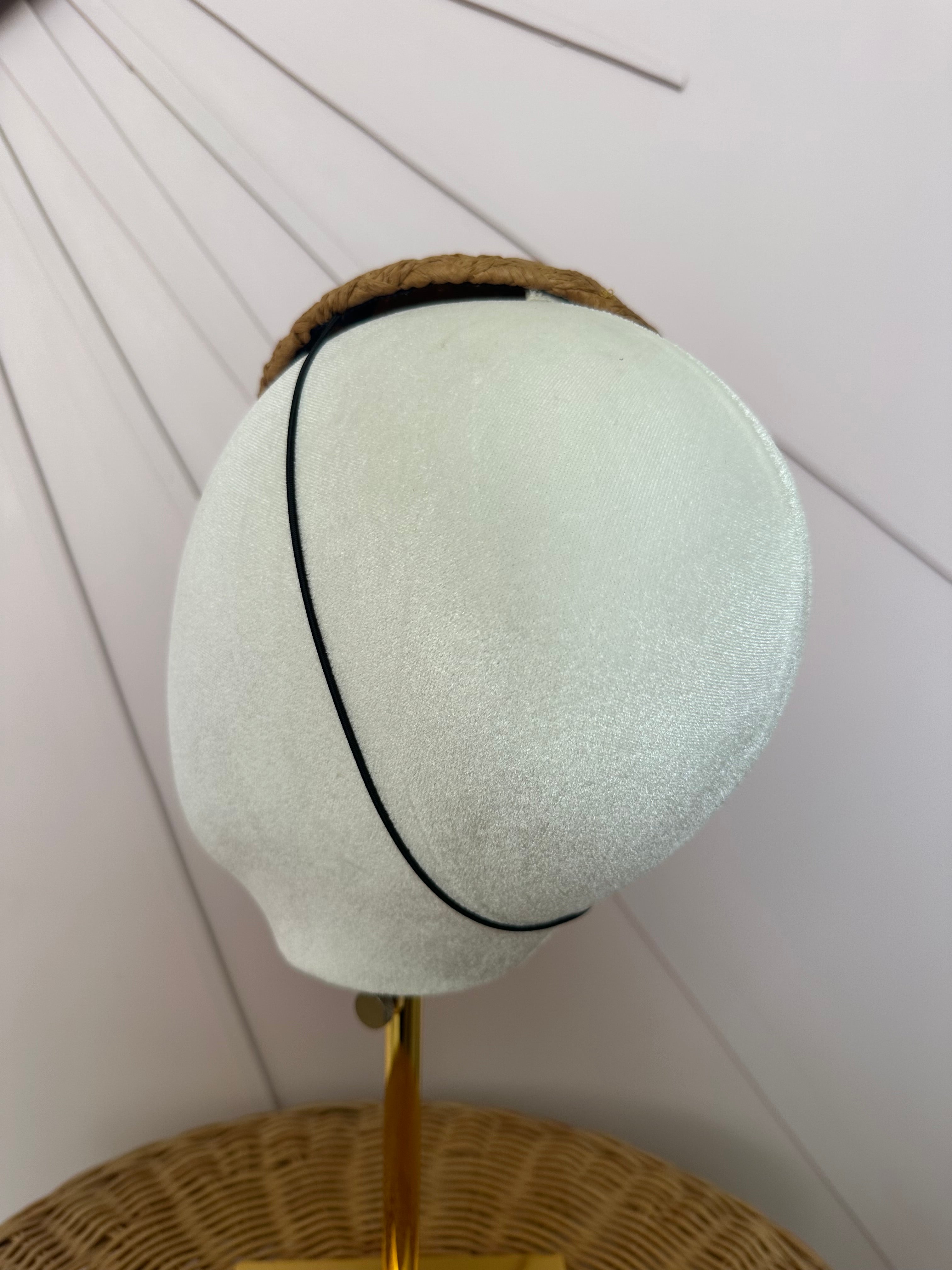 Woven Straw Button Cocktail Hat with Navy & Ivory Grosgrain Bow