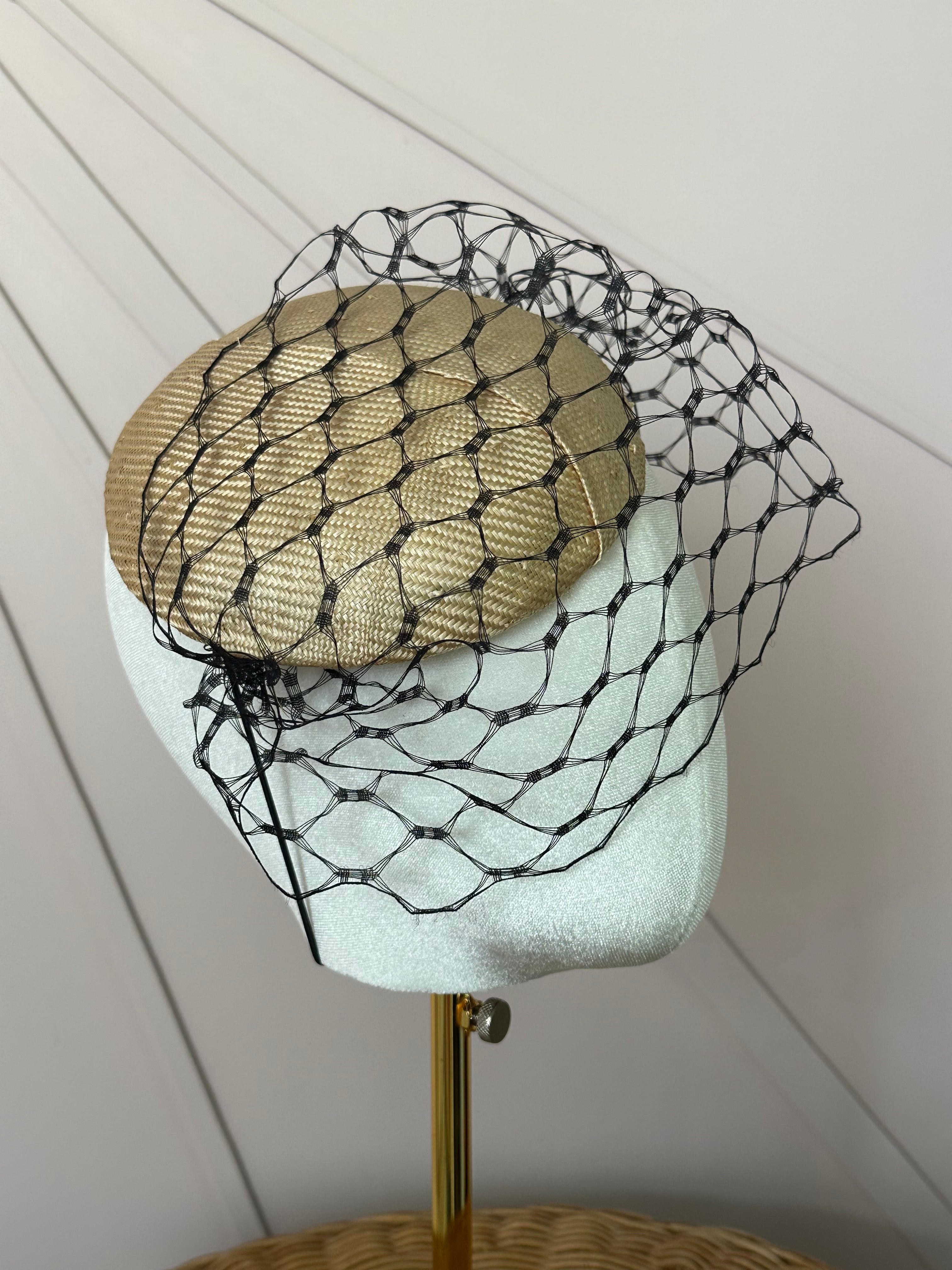 Vintage Sisal Cocktail Hat with Deadstock Russian Veiling | One of a Kind