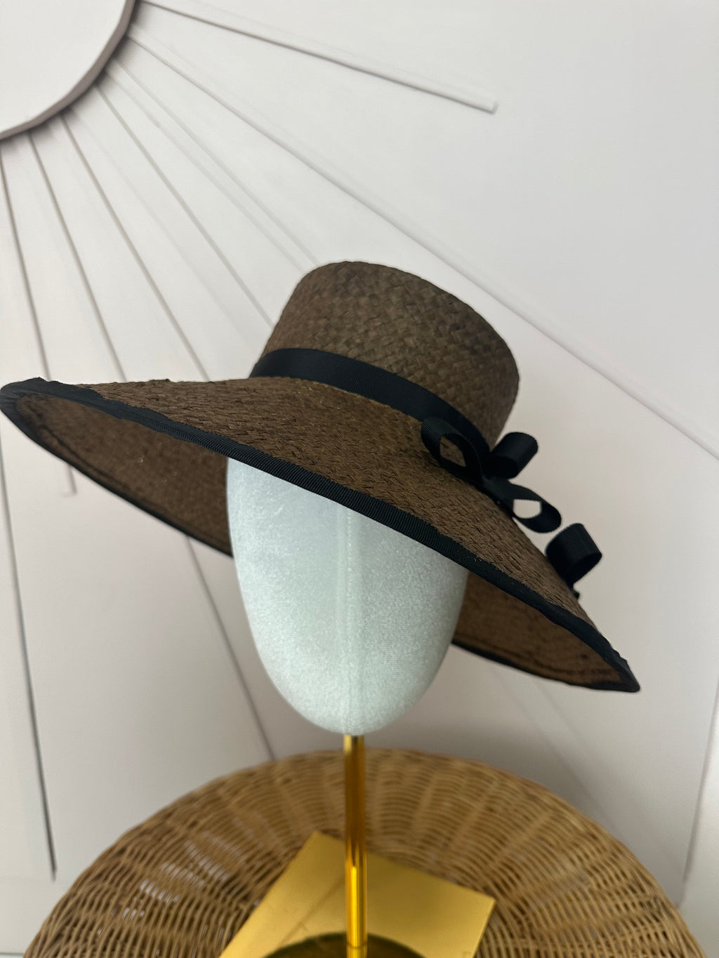 Chocolate Brown Wide Brim Straw Occasion Hat with Vintage Black Petersham Trim