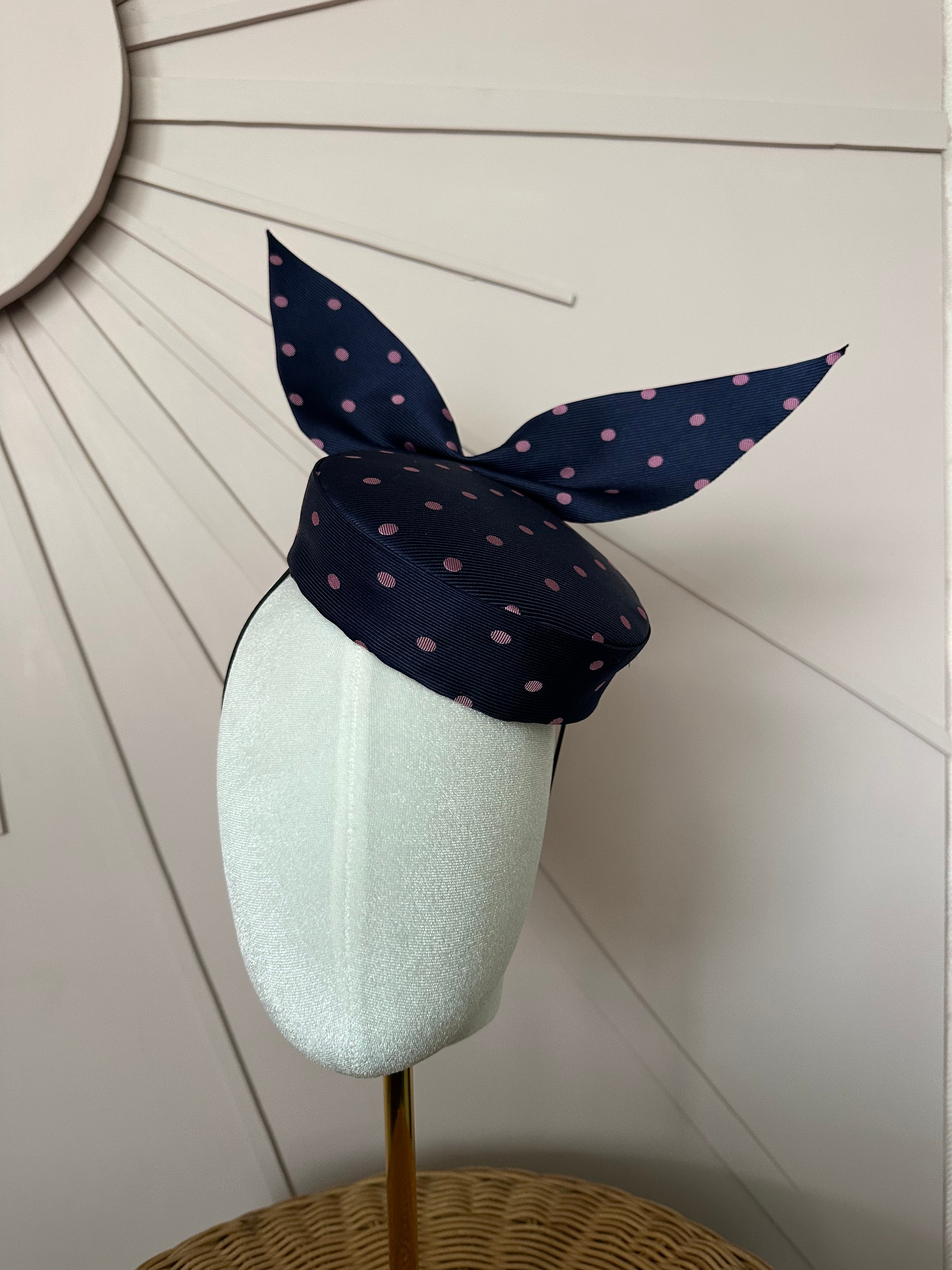 Navy Silk Pillbox Hat with Sculptural Bow