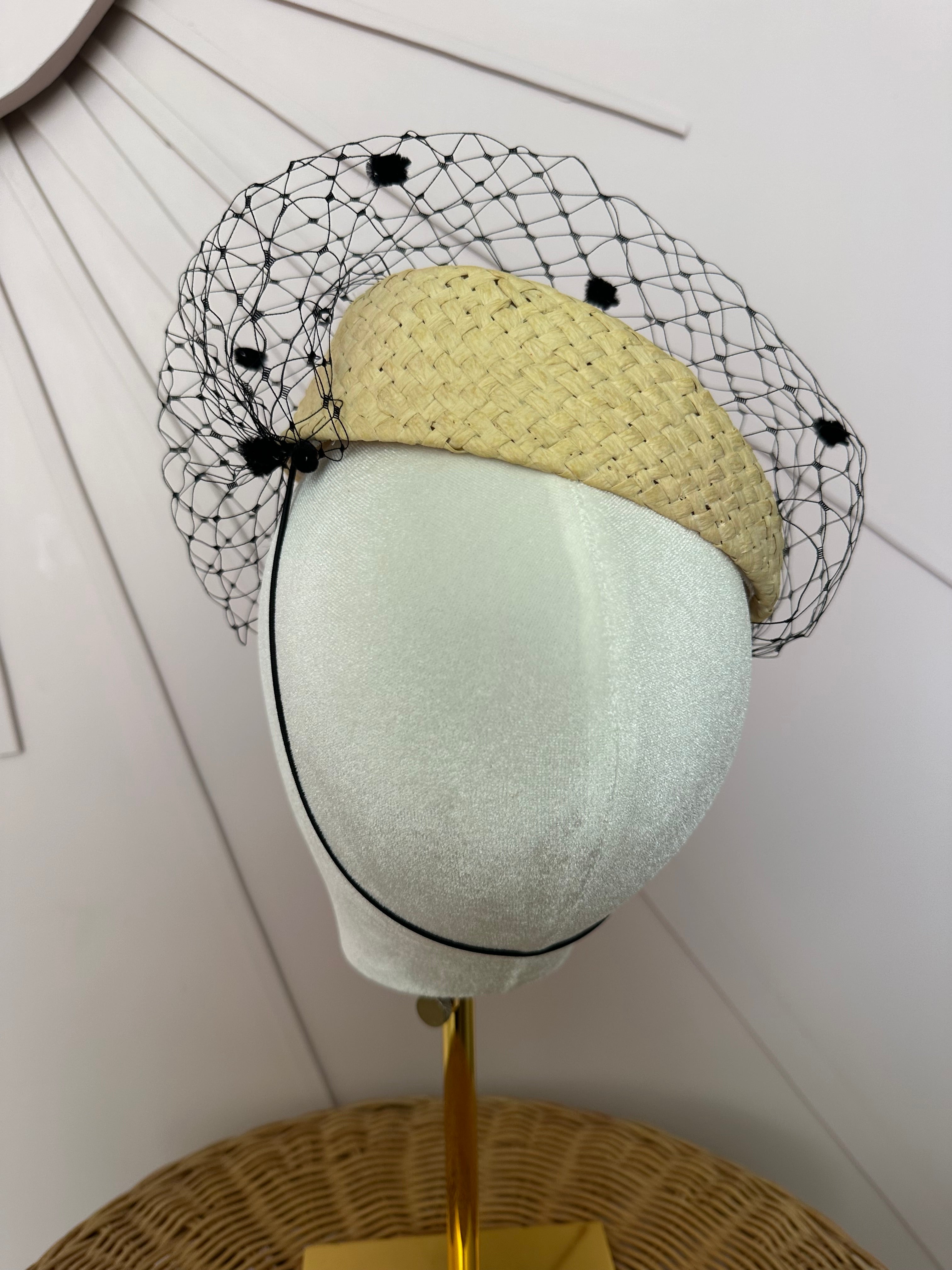 Natural Straw Button Cocktail Hat with Black Bow & French Veiling