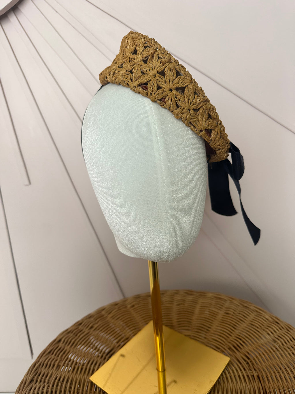 Natural Crochet Straw Button Hat with Black Grosgrain Bow