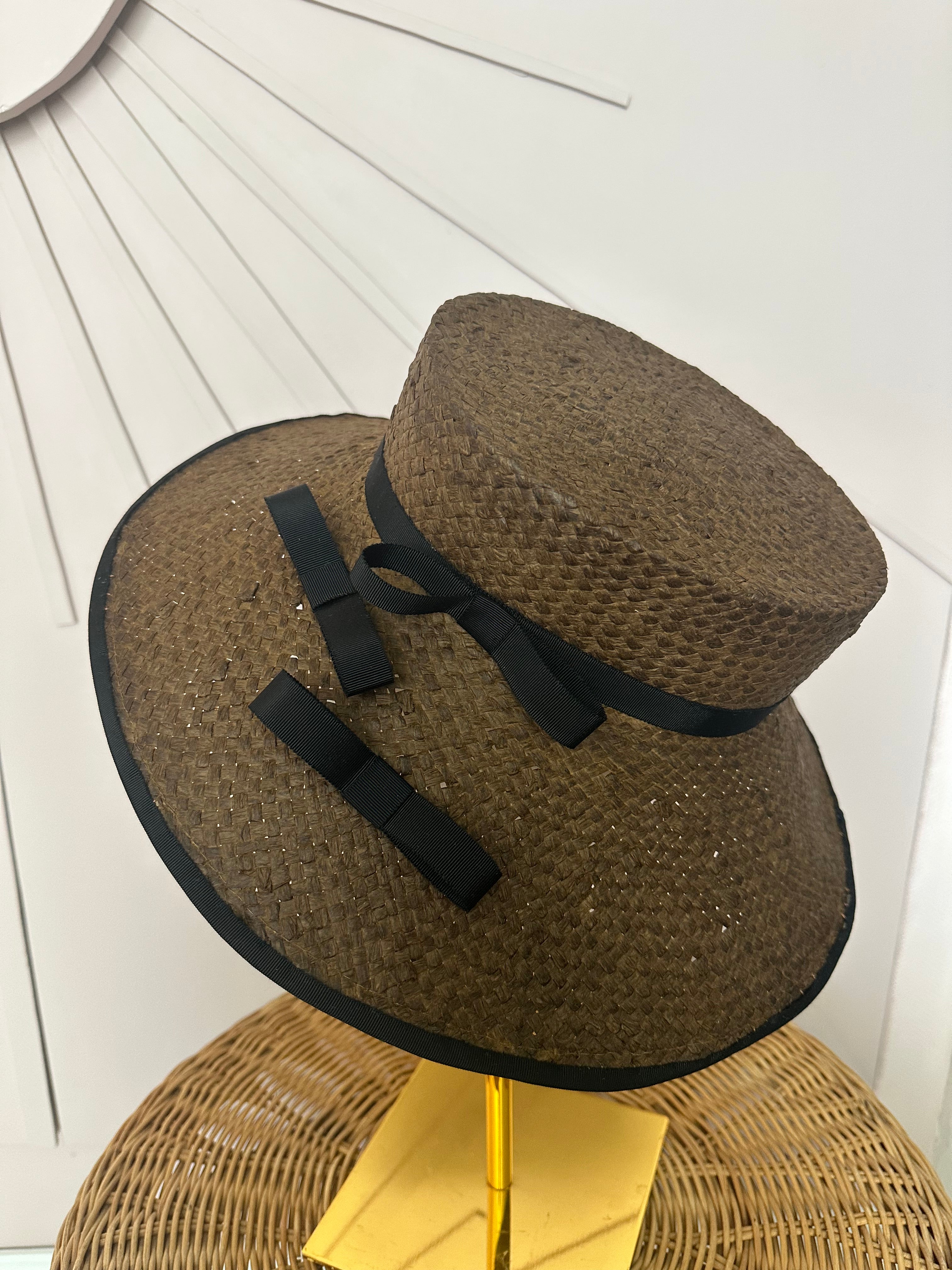 Chocolate Brown Wide Brim Straw Occasion Hat with Vintage Black Petersham Trim