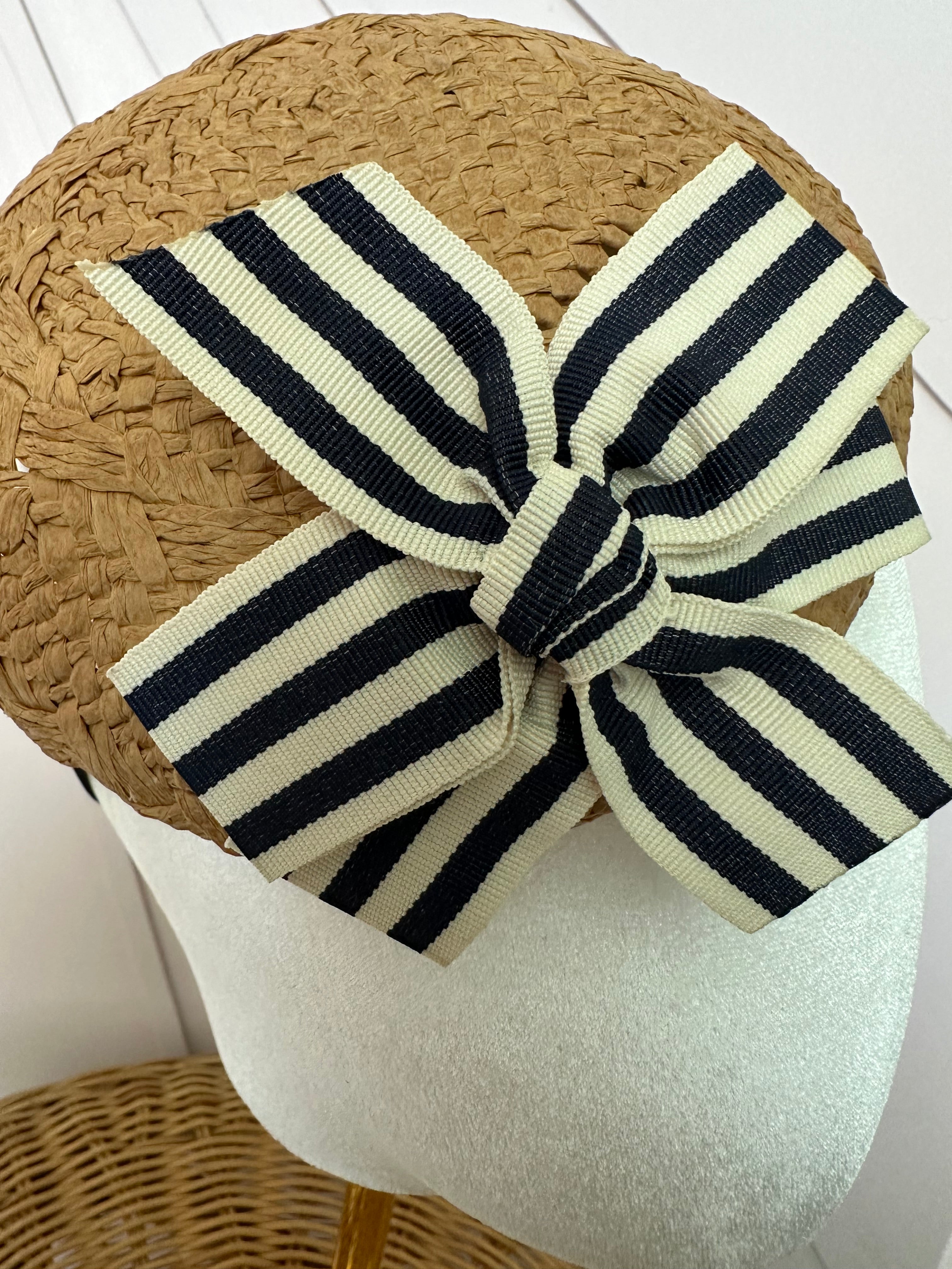 Woven Straw Button Cocktail Hat with Navy & Ivory Grosgrain Bow