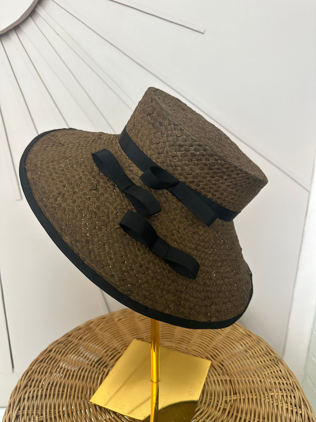 Chocolate Brown Wide Brim Straw Occasion Hat with Vintage Black Petersham Trim