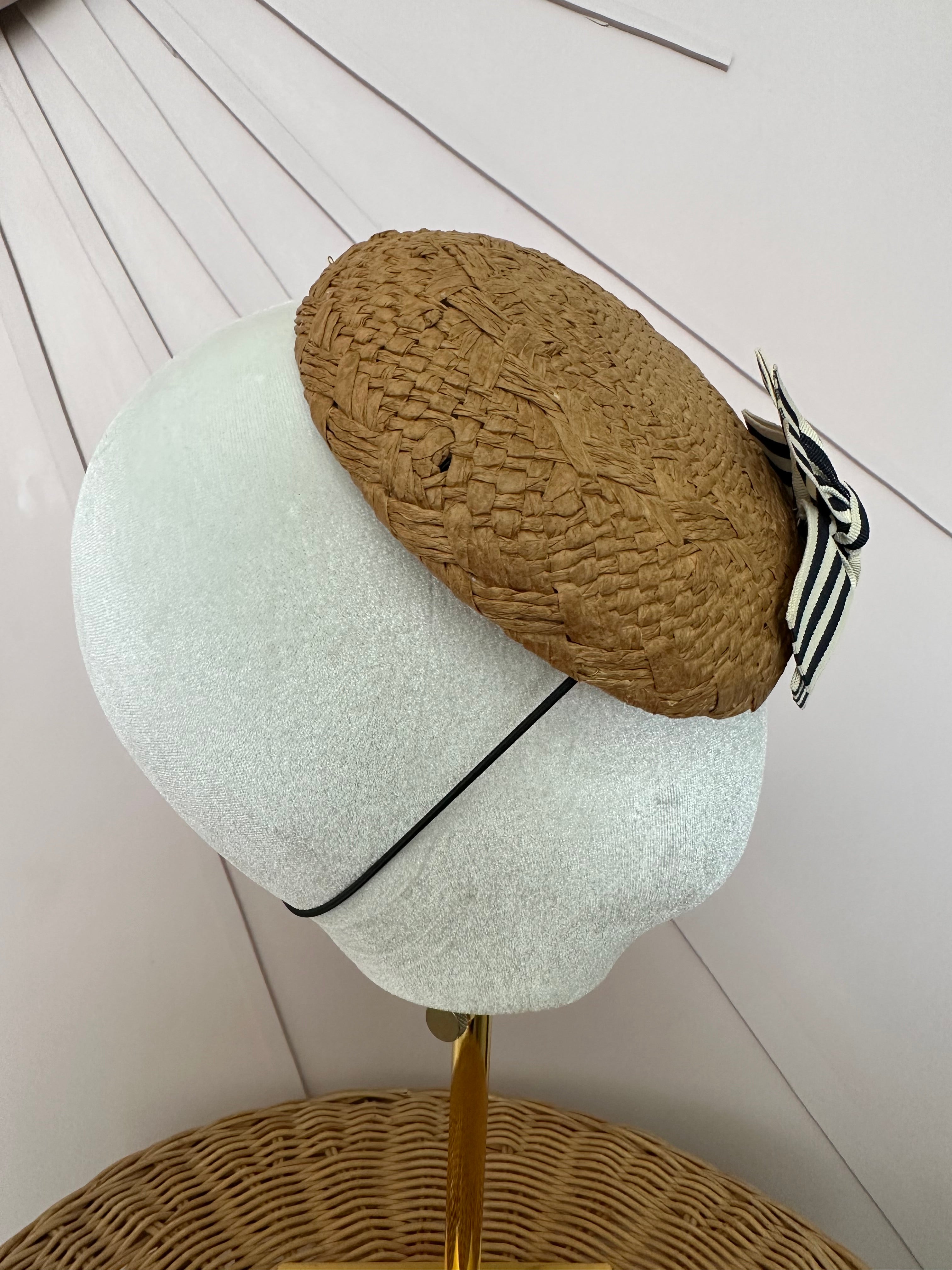 Woven Straw Button Cocktail Hat with Navy & Ivory Grosgrain Bow