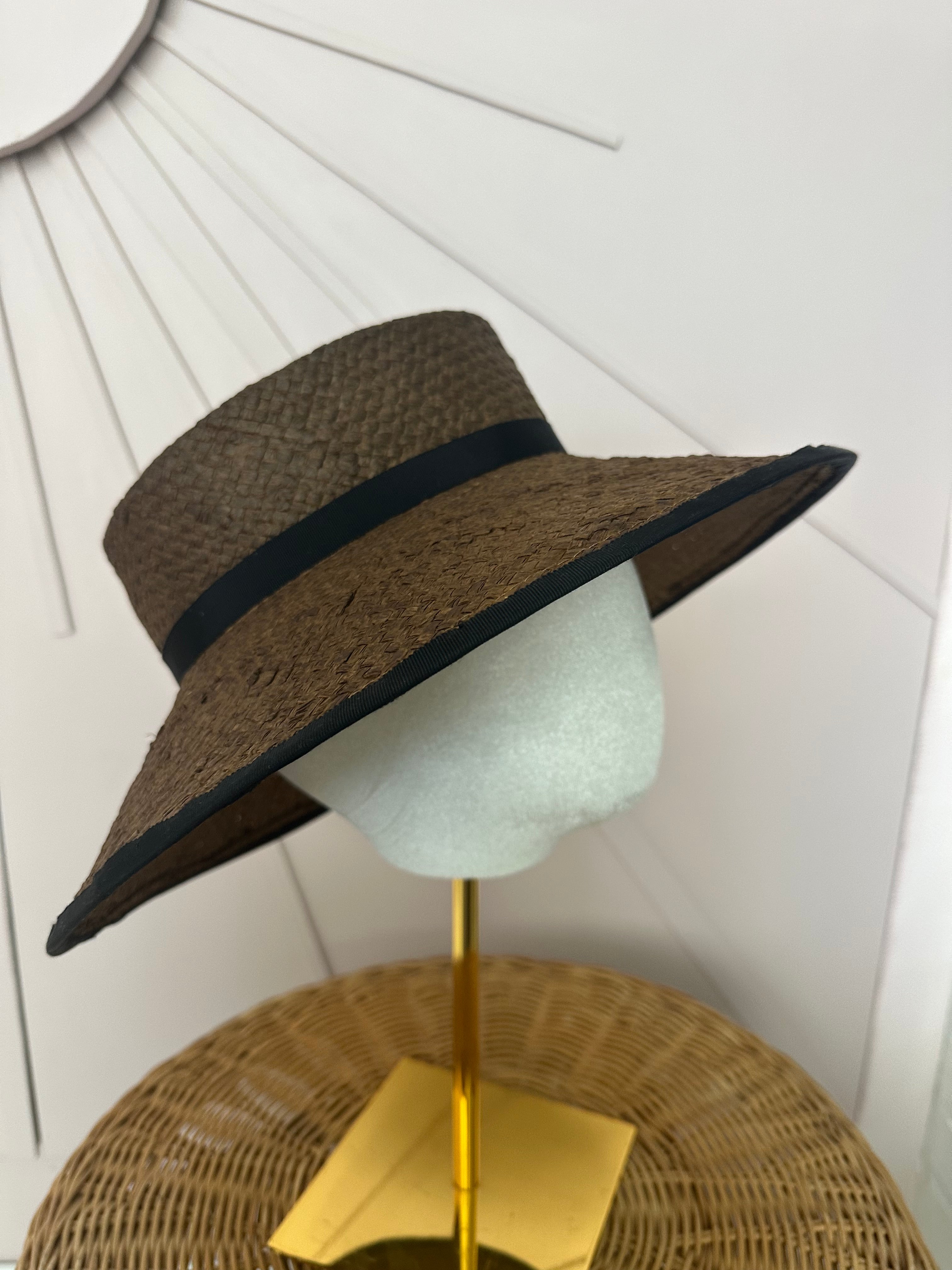 Chocolate Brown Wide Brim Straw Occasion Hat with Vintage Black Petersham Trim
