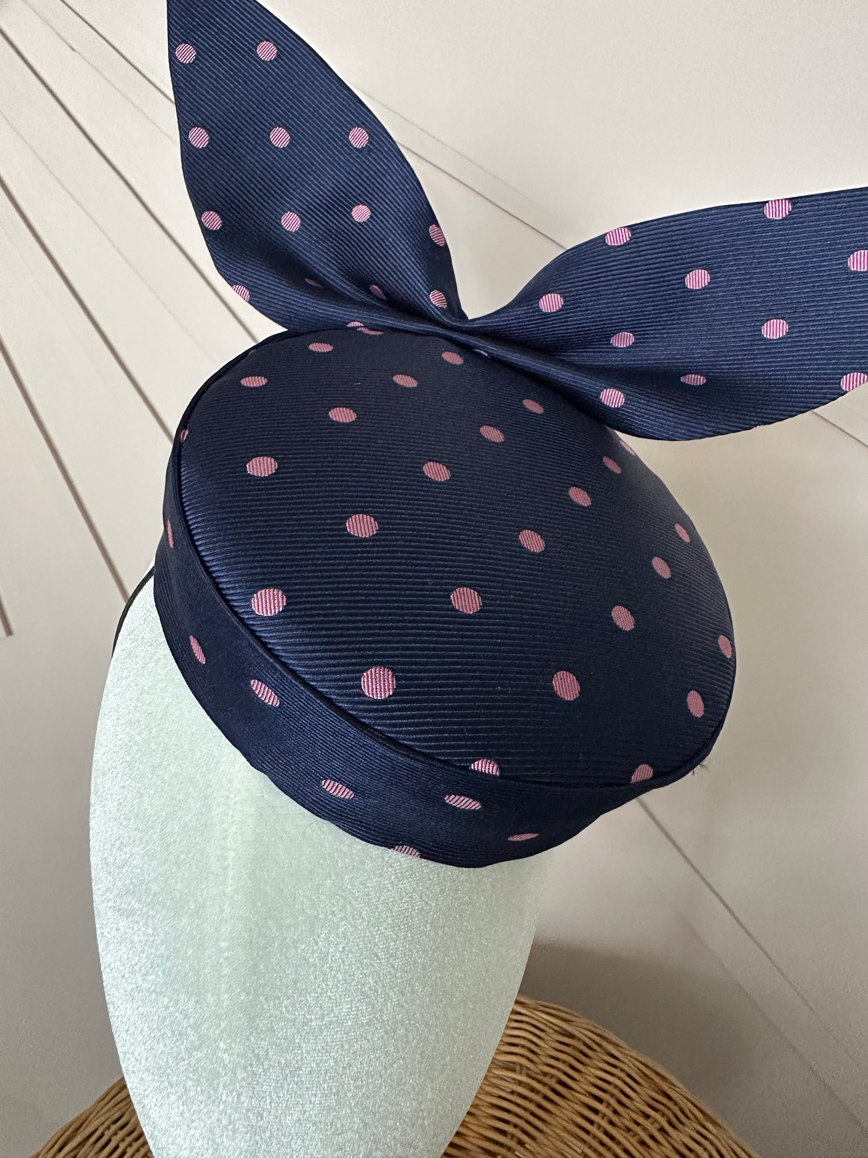 Navy Silk Pillbox Hat with Sculptural Bow