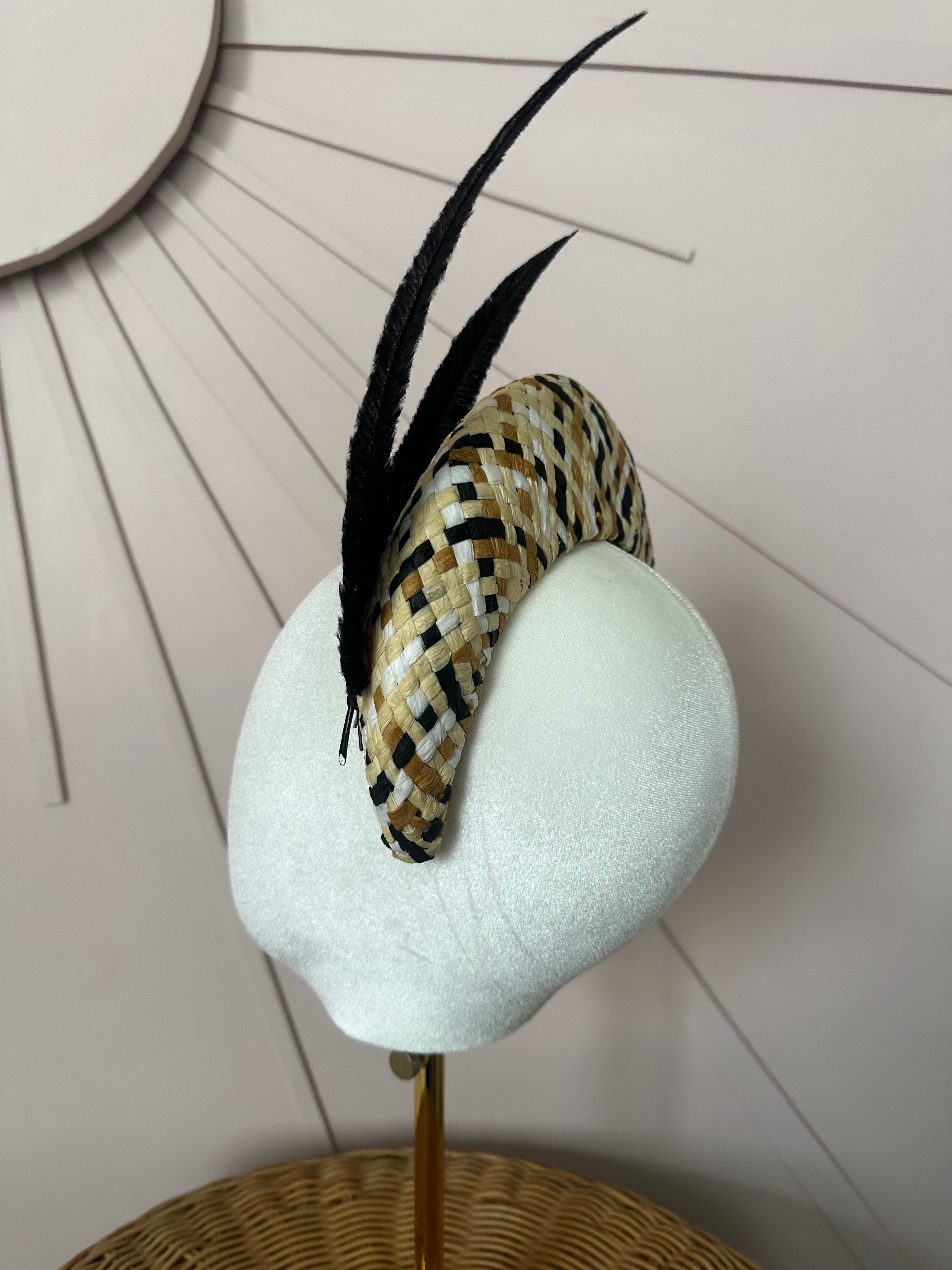 Black & Natural Woven Straw Halo Headpiece Woven with Hand-Trimmed Feather Detail