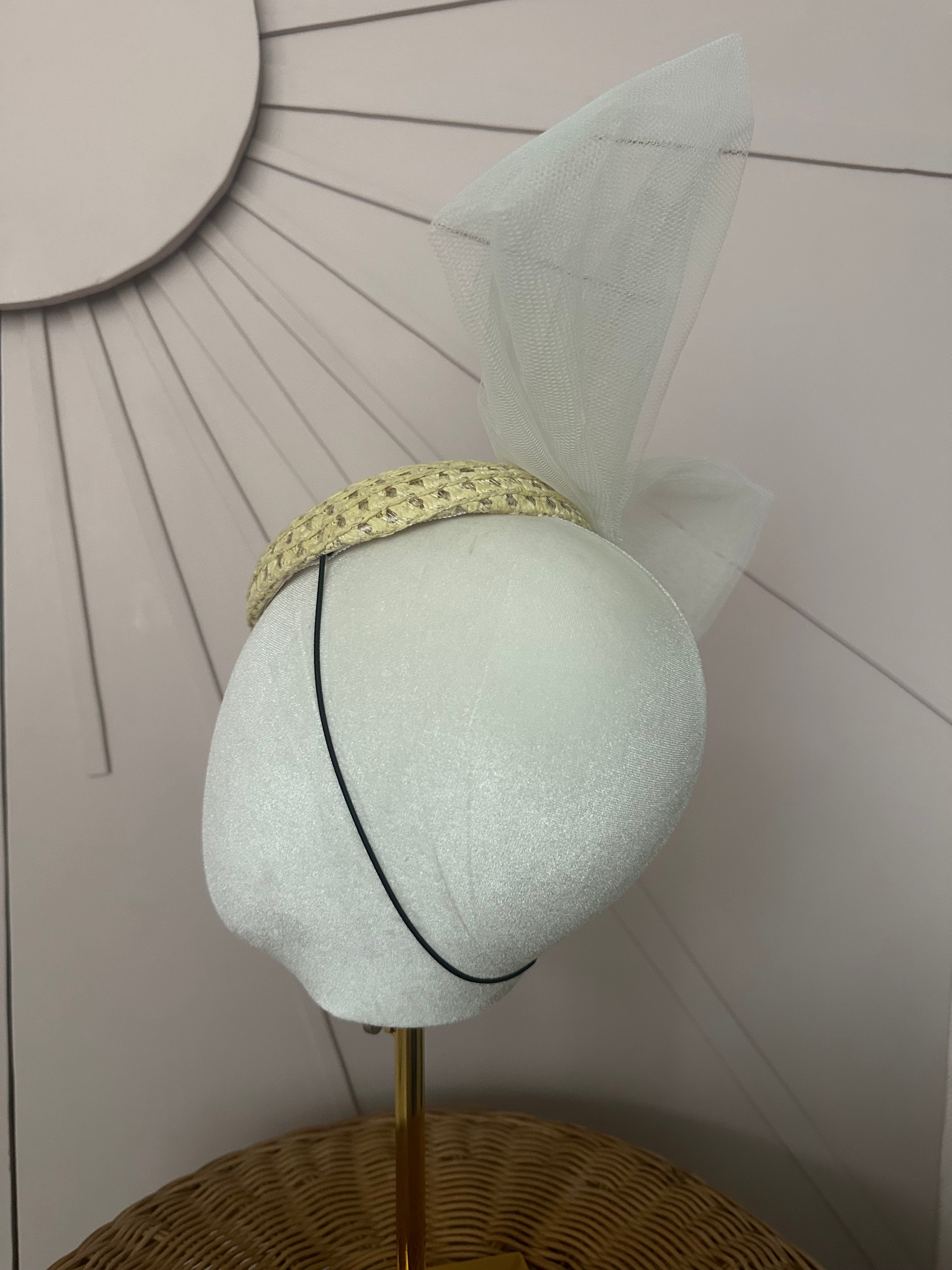 Natural Straw Cocktail Hat with Sculptural Tulle Bow