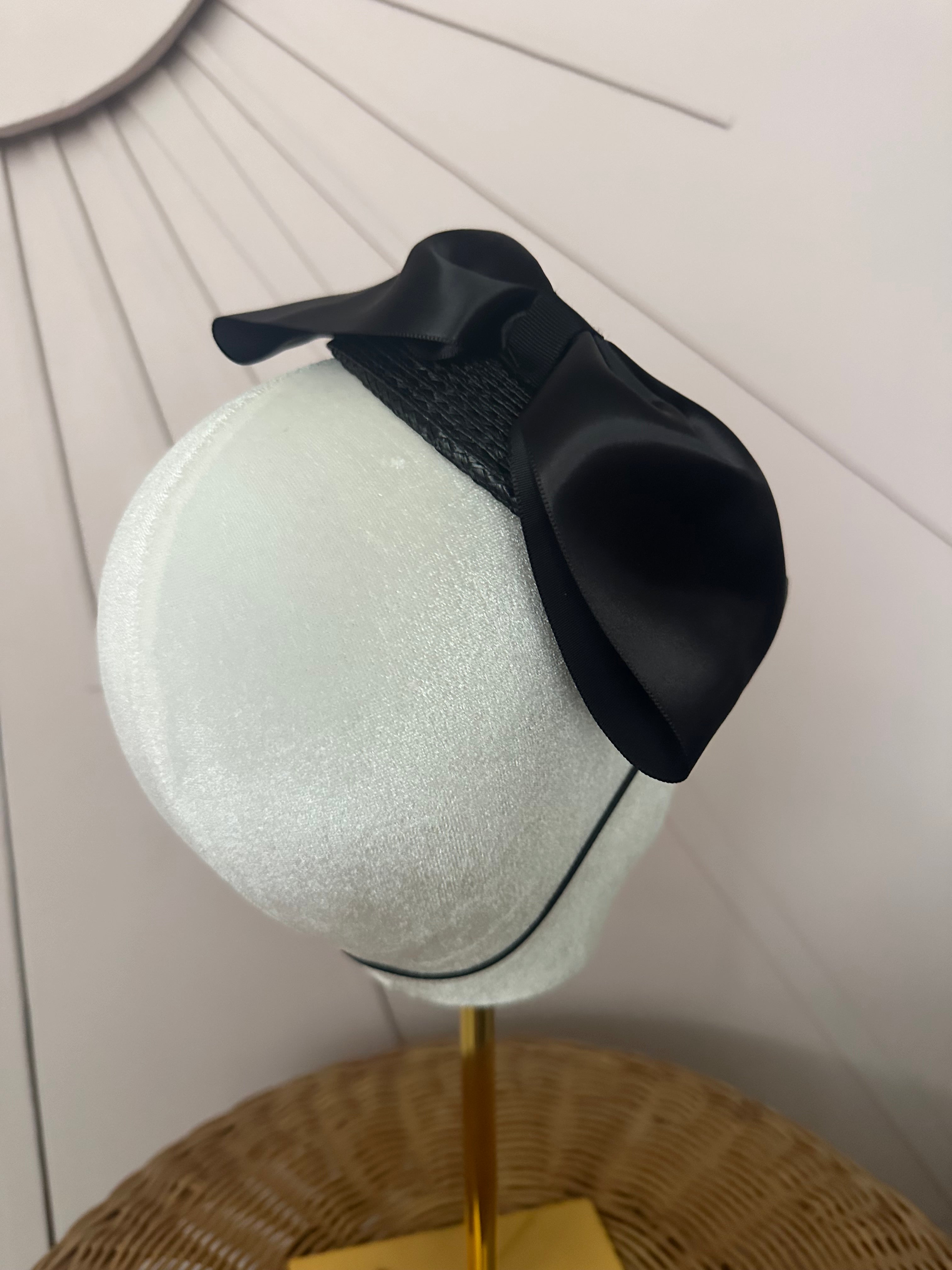 Classic Black Woven Poly Braid Button Cocktail Hat with Sculptural Satin Bow