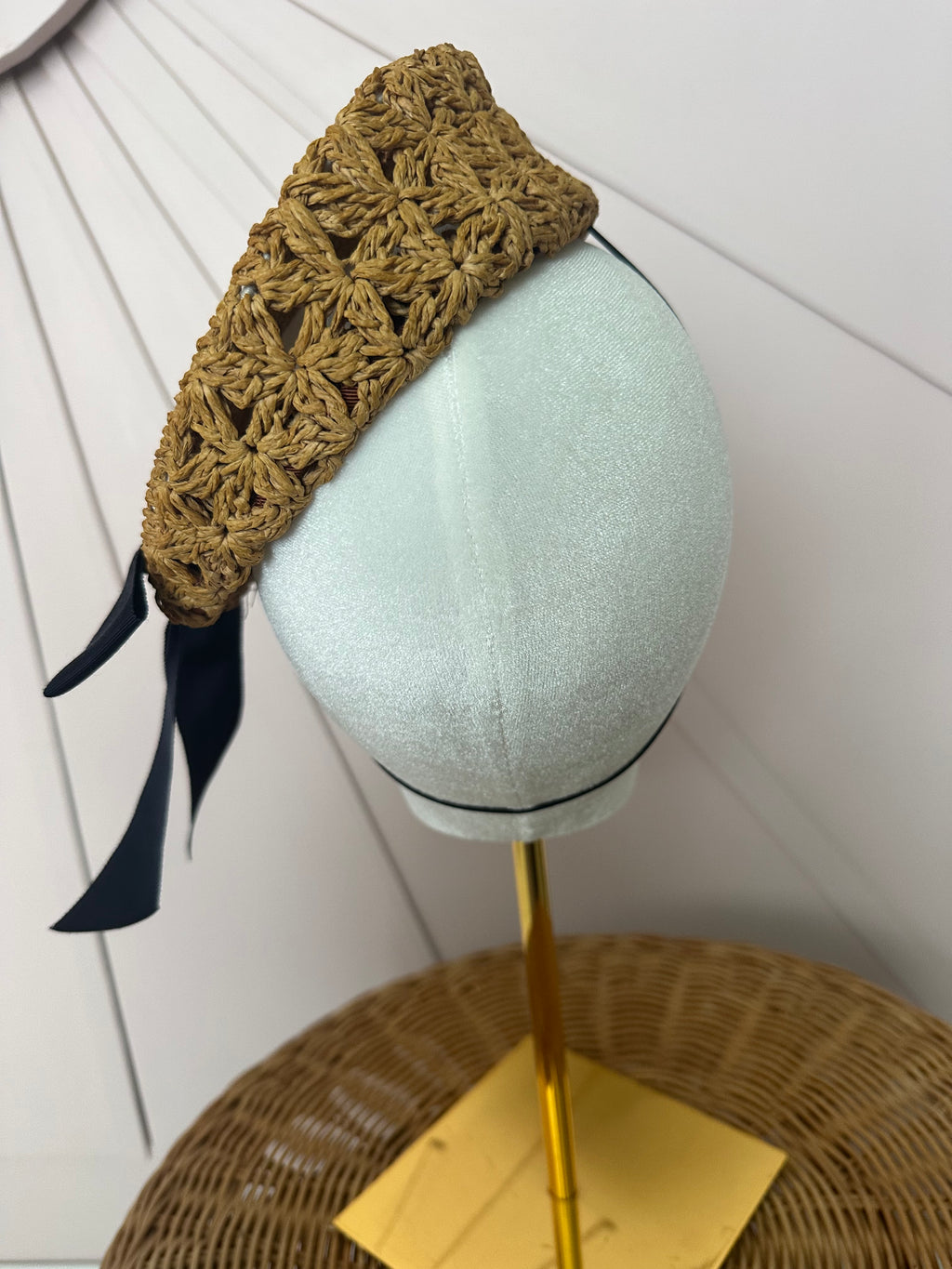 Natural Crochet Straw Button Hat with Black Grosgrain Bow