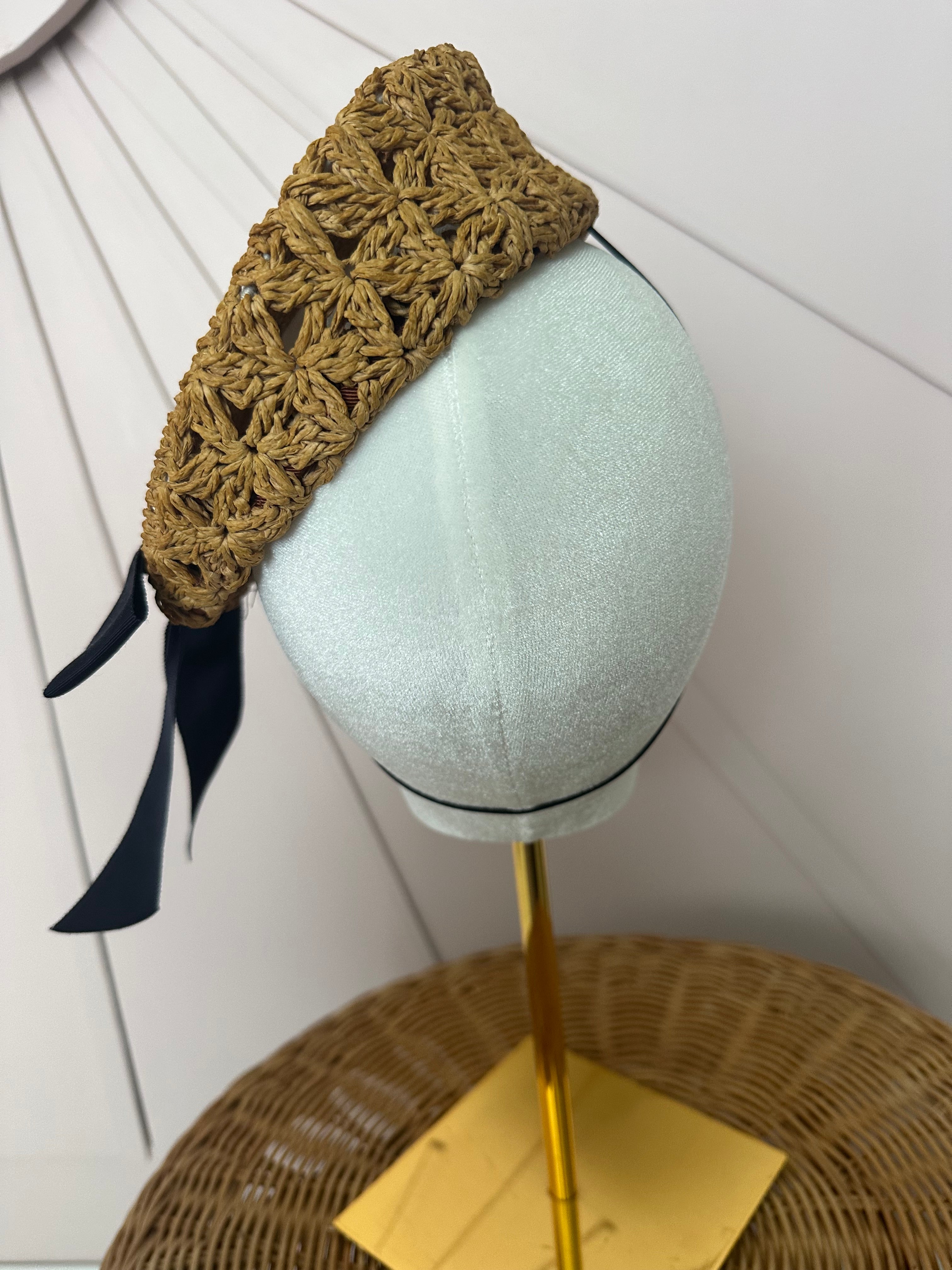 Natural Crochet Straw Button Hat with Black Grosgrain Bow