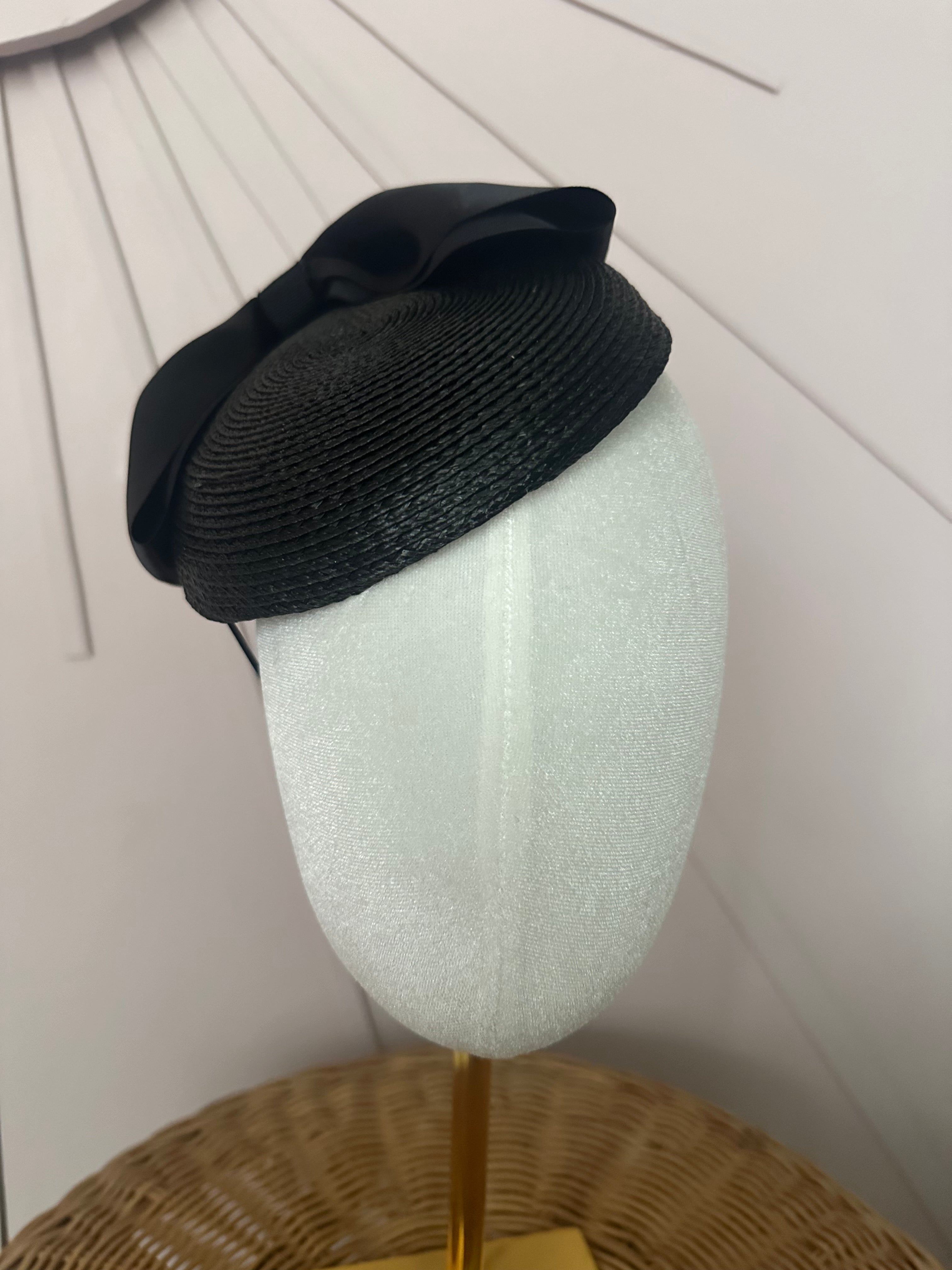 Classic Black Woven Poly Braid Button Cocktail Hat with Sculptural Satin Bow