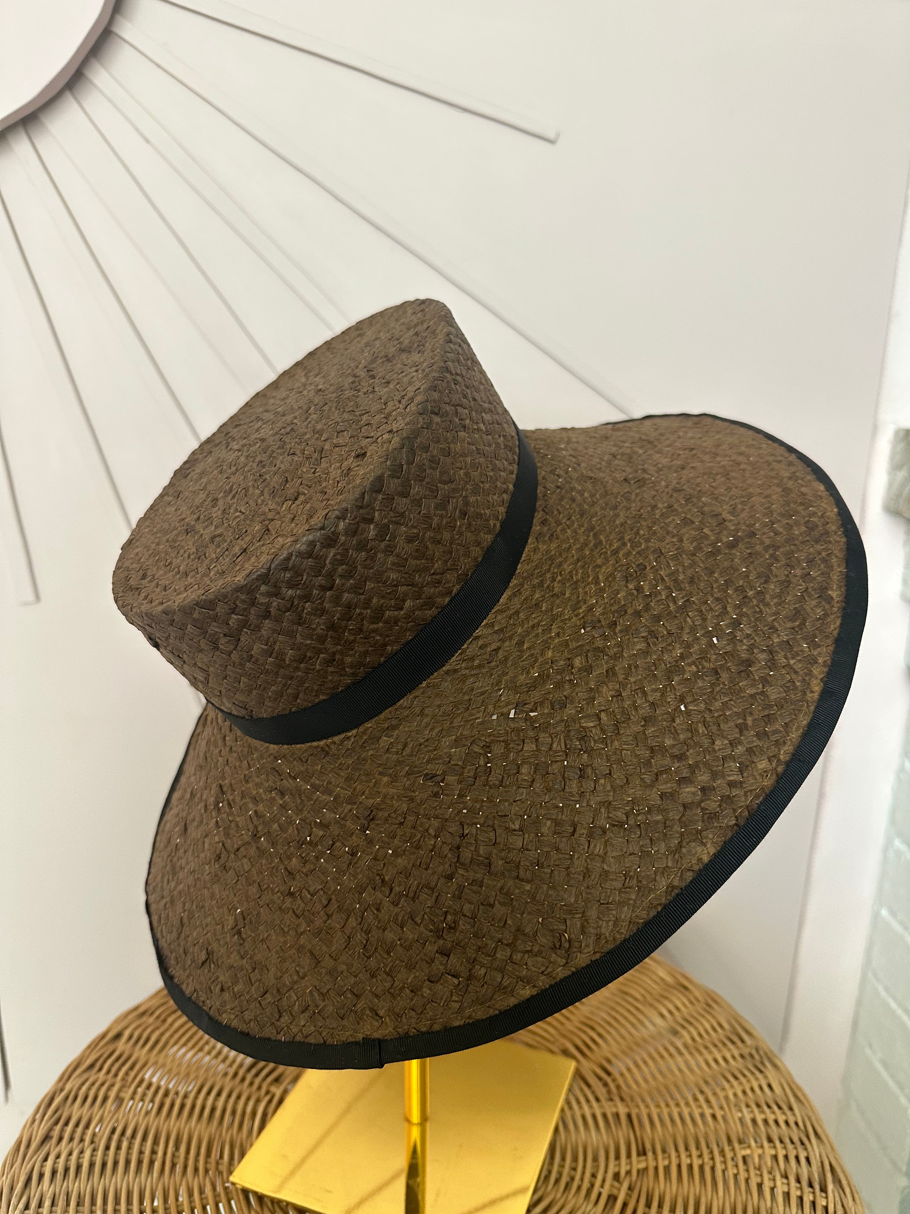Chocolate Brown Wide Brim Straw Occasion Hat with Vintage Black Petersham Trim