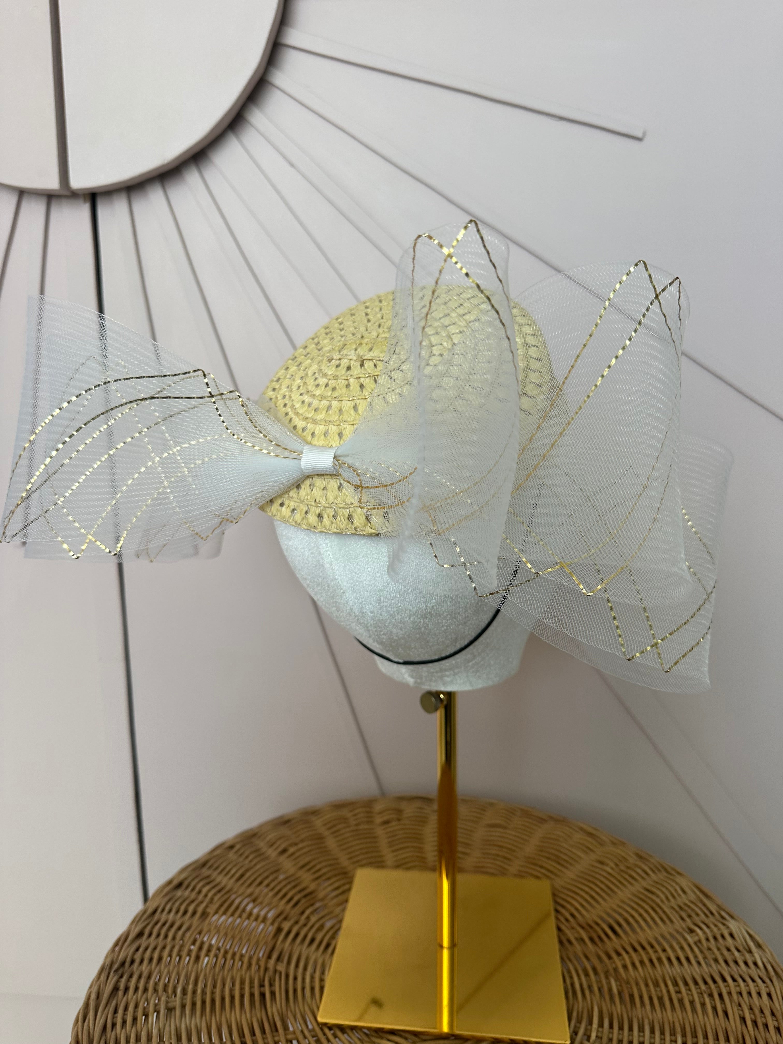 Natural Straw Pillbox Hat with Ivory & Gold Crinoline Bow