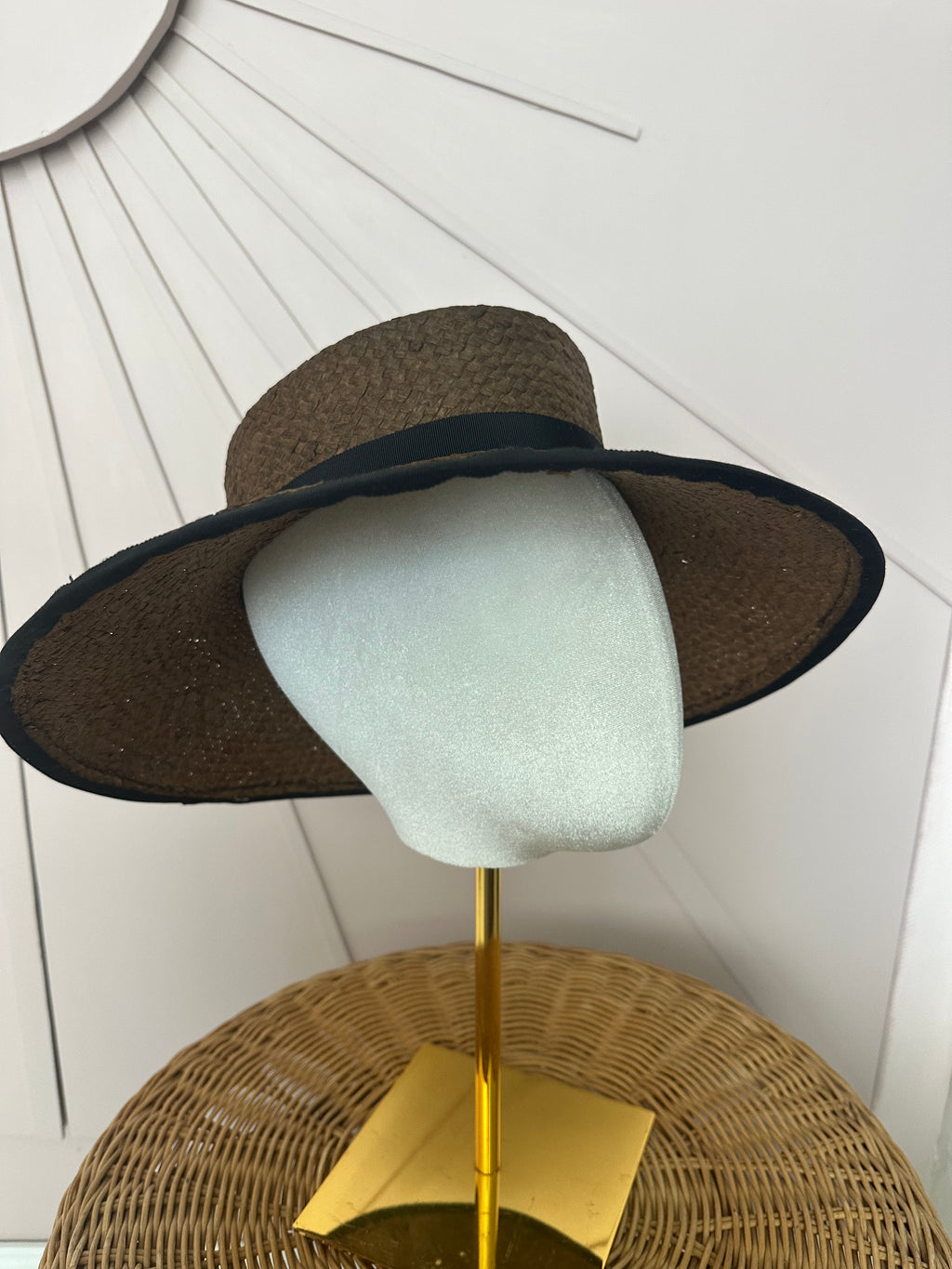Chocolate Brown Wide Brim Straw Occasion Hat with Vintage Black Petersham Trim