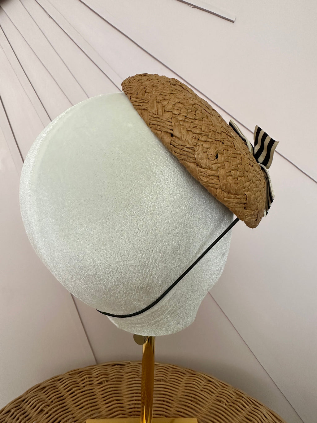 Woven Straw Button Cocktail Hat with Navy & Ivory Grosgrain Bow