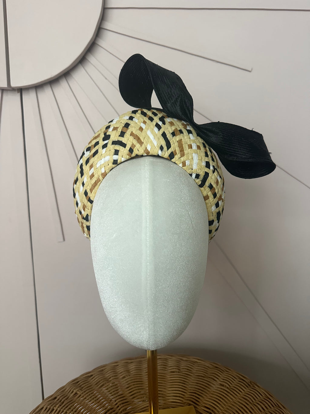 Patterned Straw Halo Headband with Vintage Sisal Bow | One-of-a-Kind Millinery