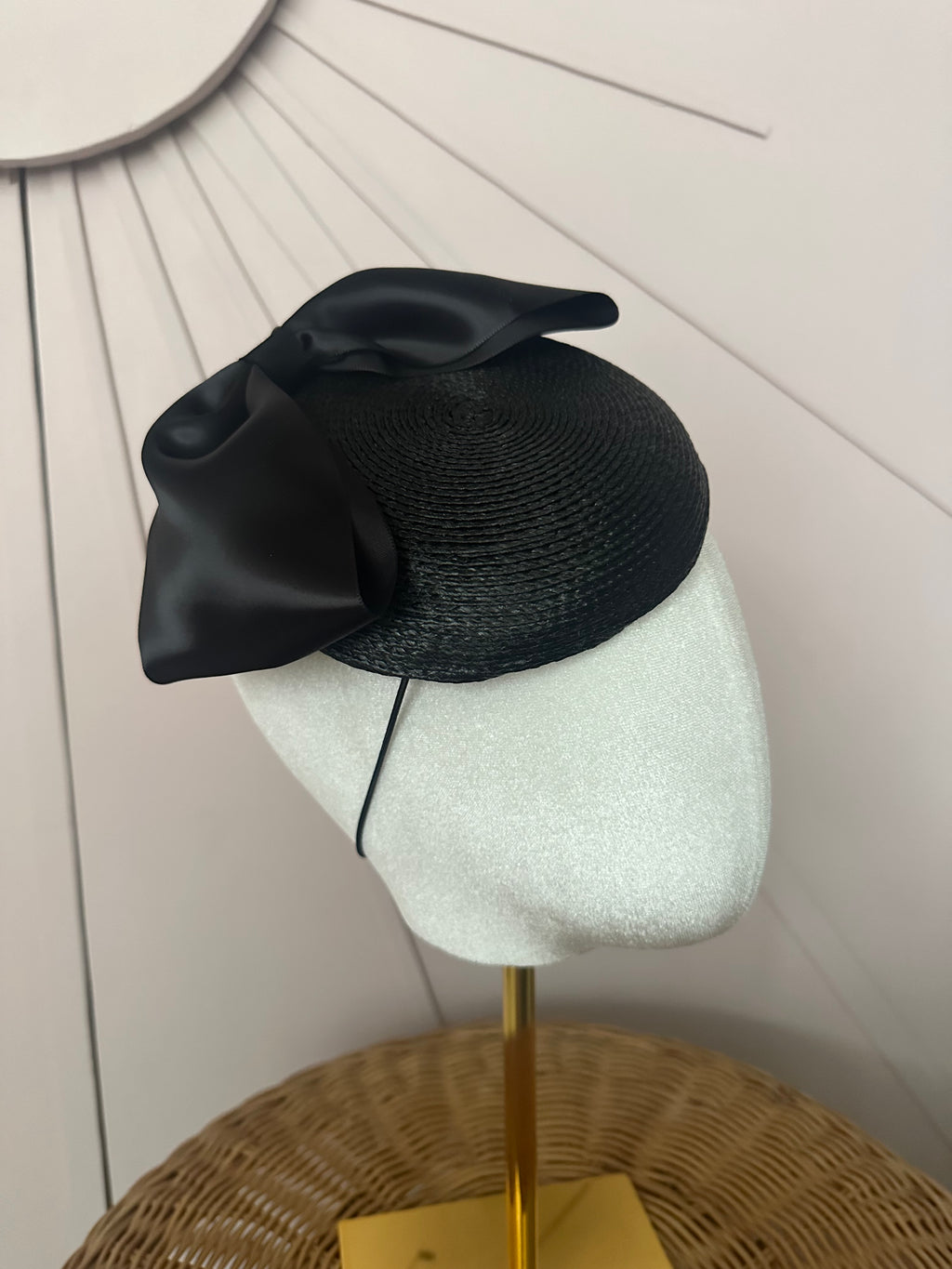 Classic Black Woven Poly Braid Button Cocktail Hat with Sculptural Satin Bow