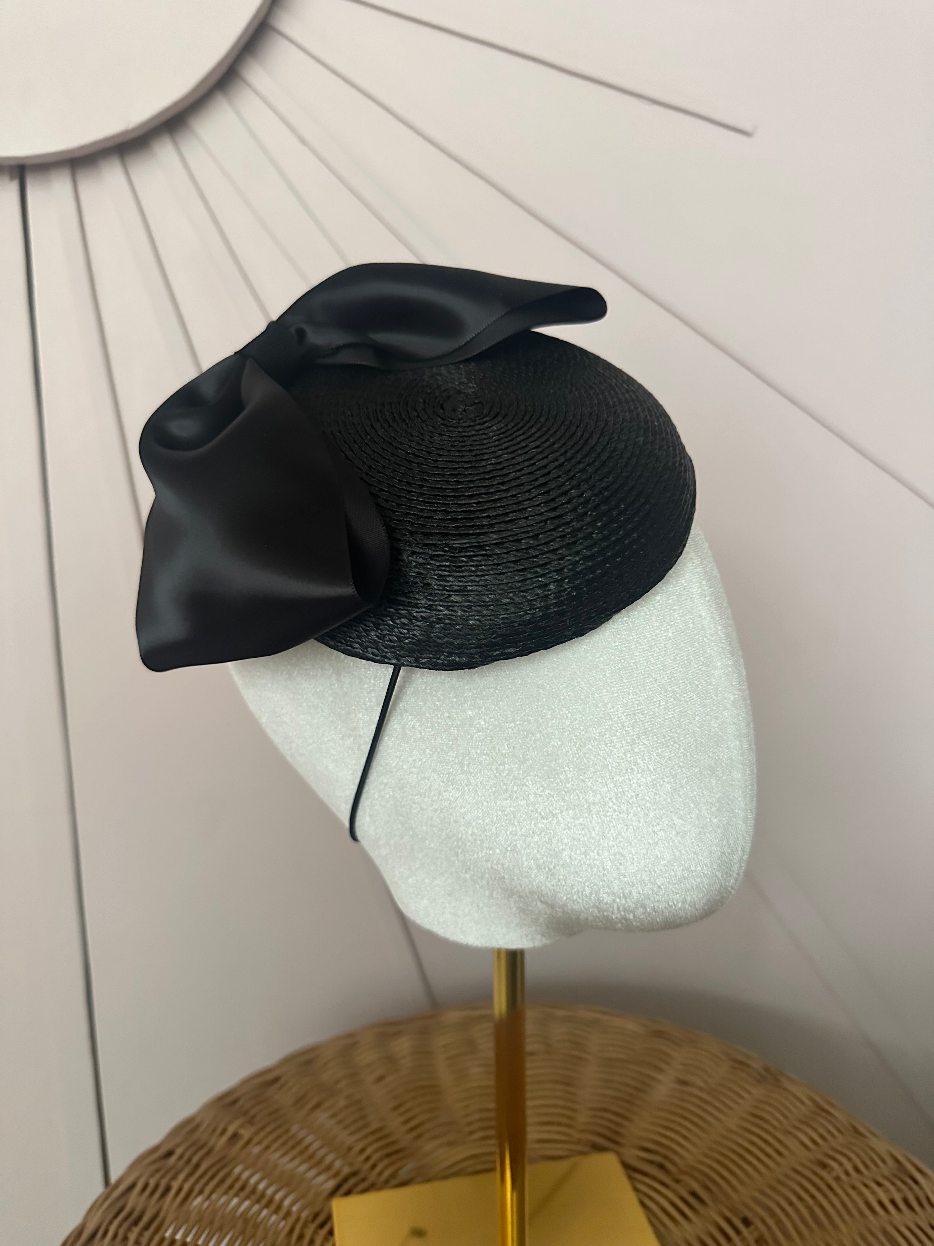 Classic Black Woven Poly Braid Button Cocktail Hat with Sculptural Satin Bow