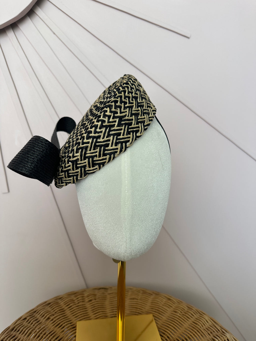 Black & Natural Woven Pillbox Hat with Sculptural Bow