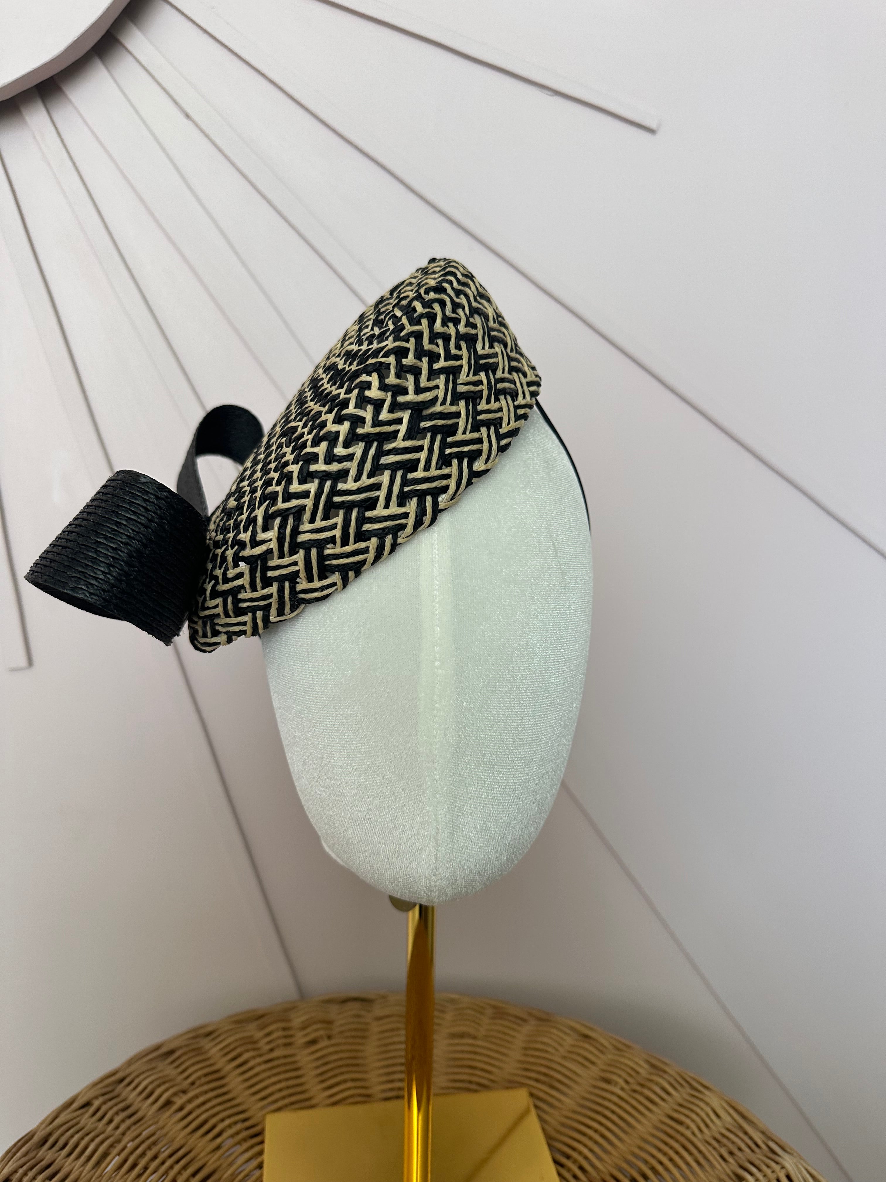 Black & Natural Woven Pillbox Hat with Sculptural Bow