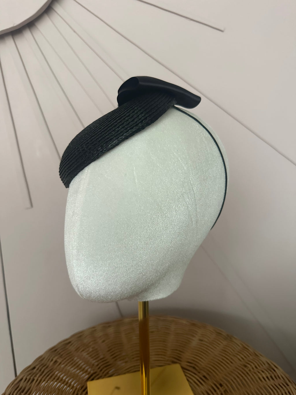 Classic Black Woven Poly Braid Button Cocktail Hat with Sculptural Satin Bow