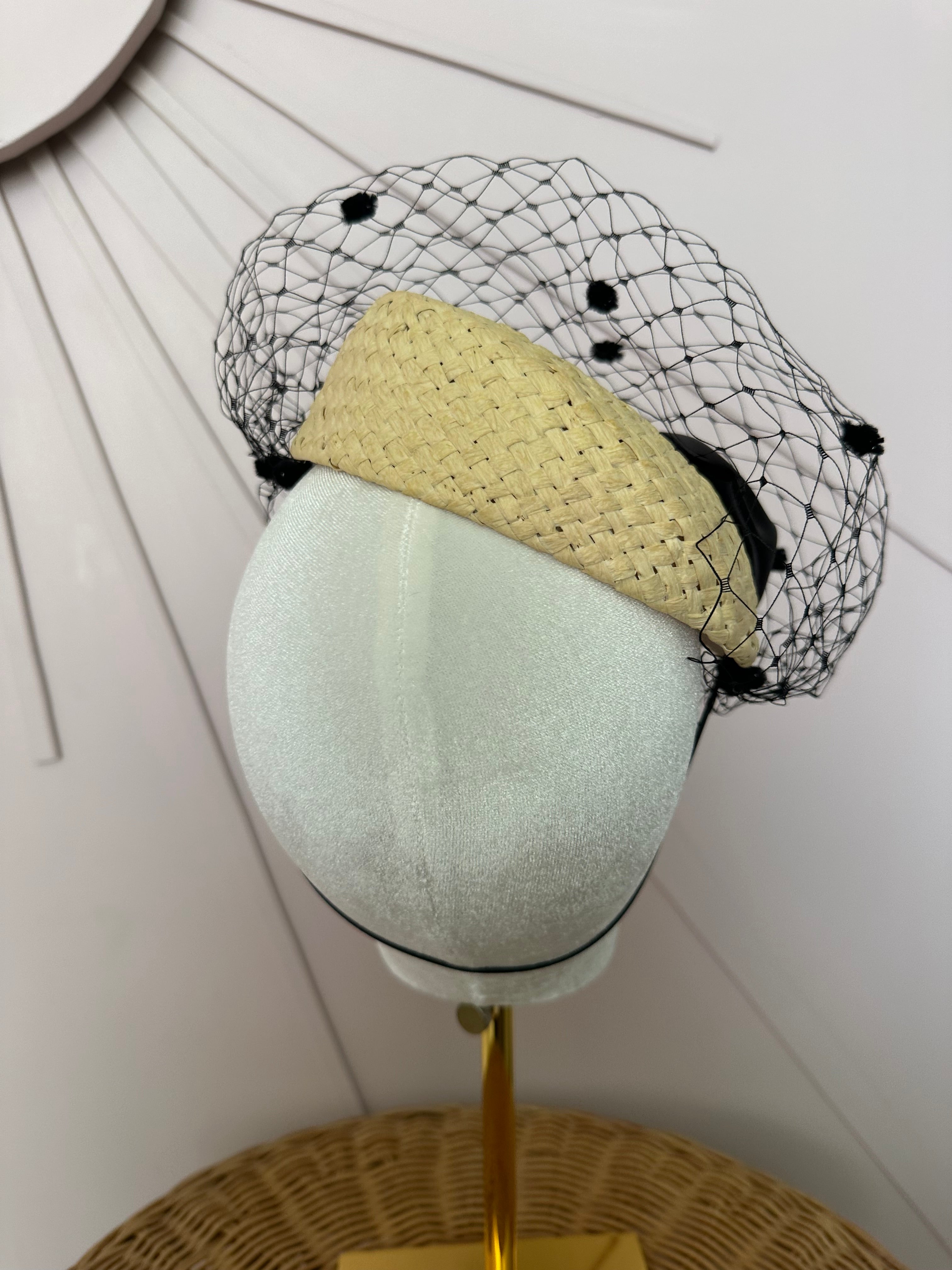 Natural Straw Button Cocktail Hat with Black Bow & French Veiling