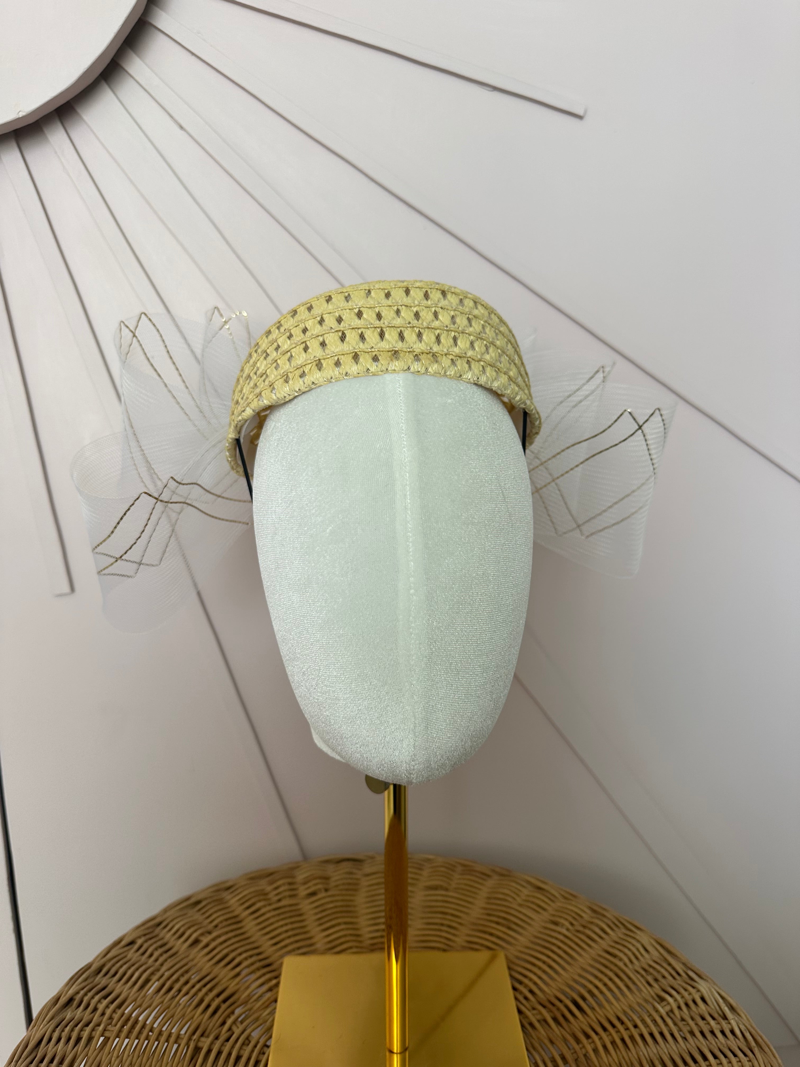 Natural Straw Pillbox Hat with Ivory & Gold Crinoline Bow