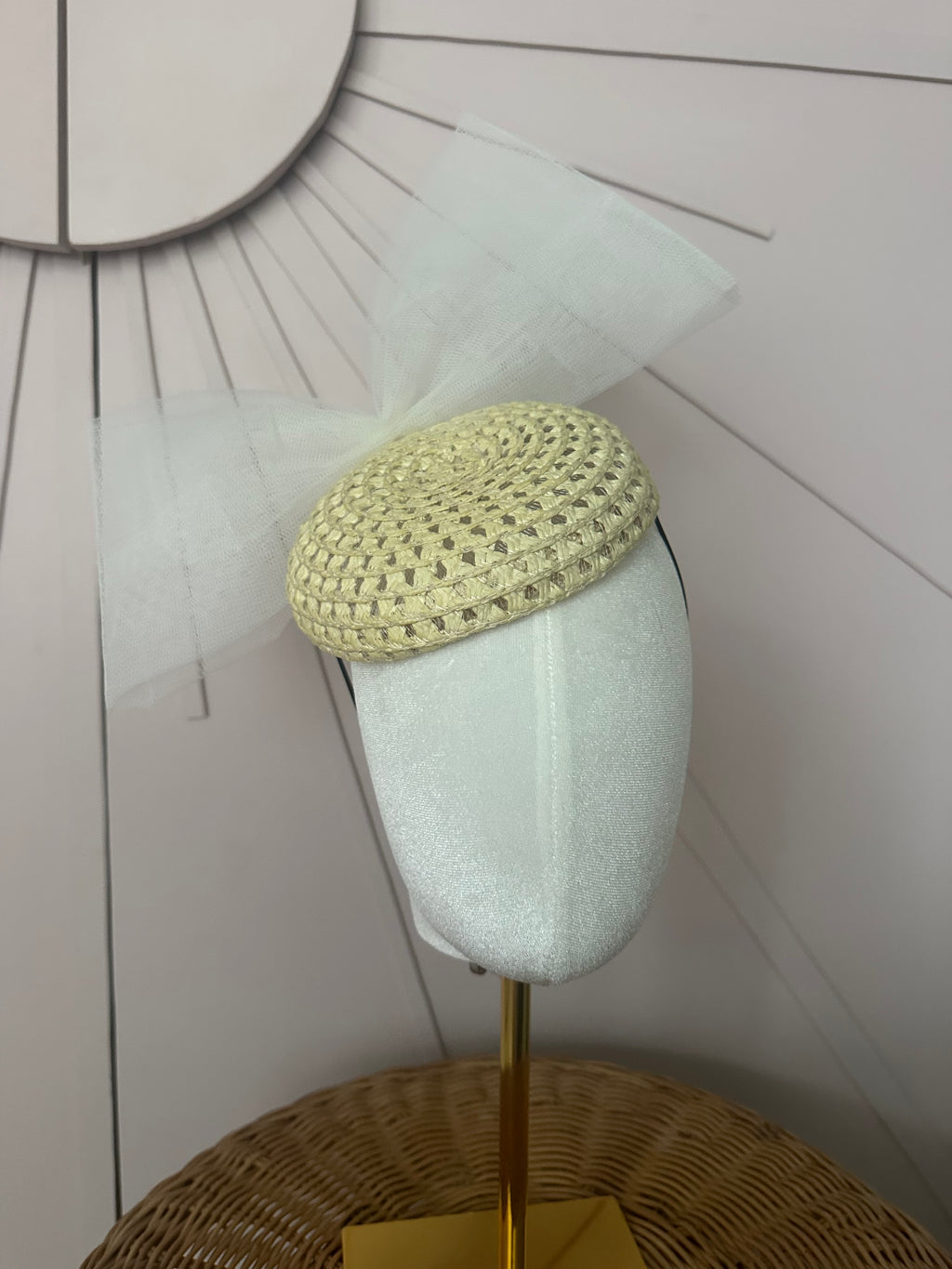 Natural Straw Cocktail Hat with Sculptural Tulle Bow