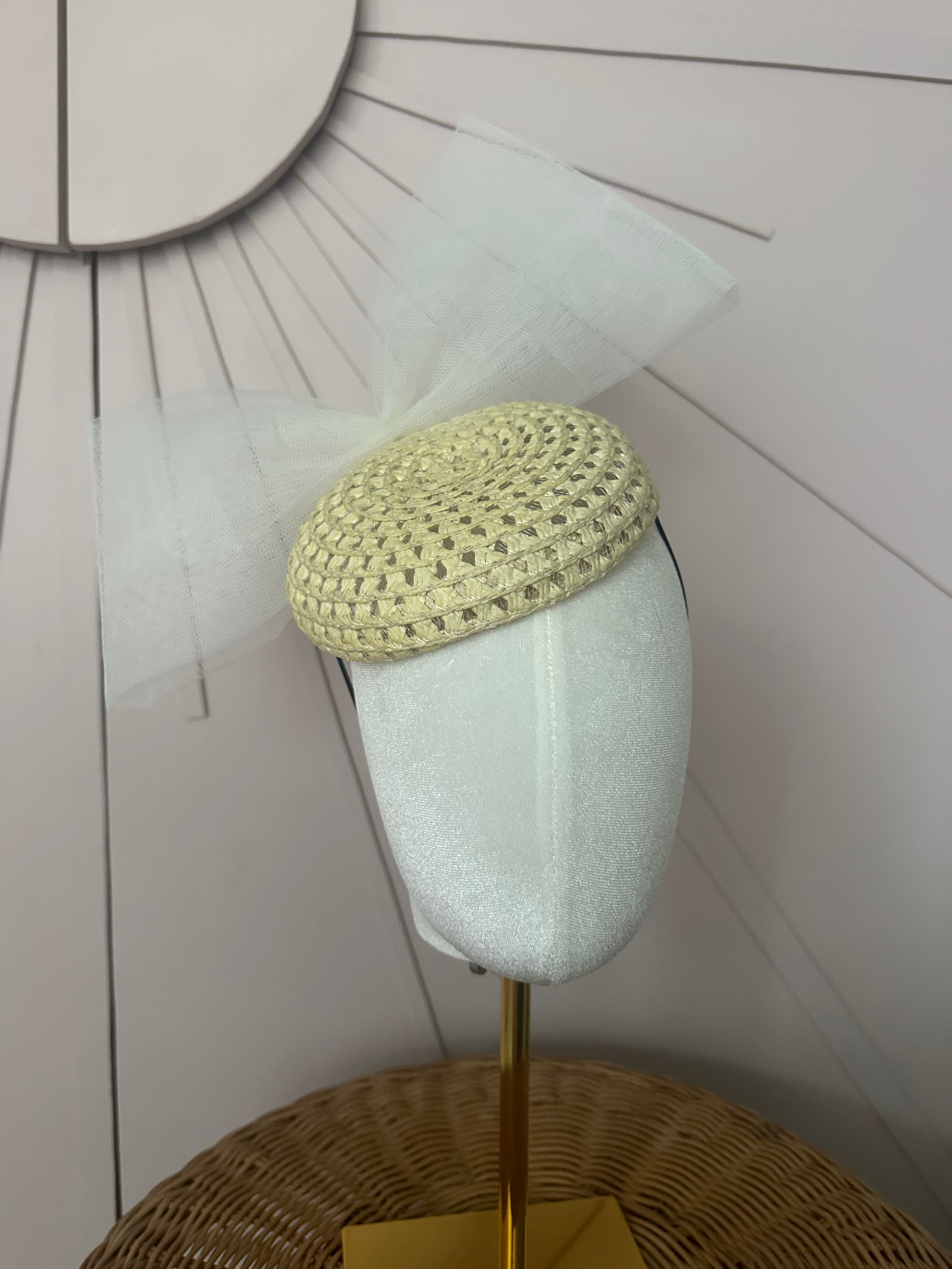 Natural Straw Cocktail Hat with Sculptural Tulle Bow