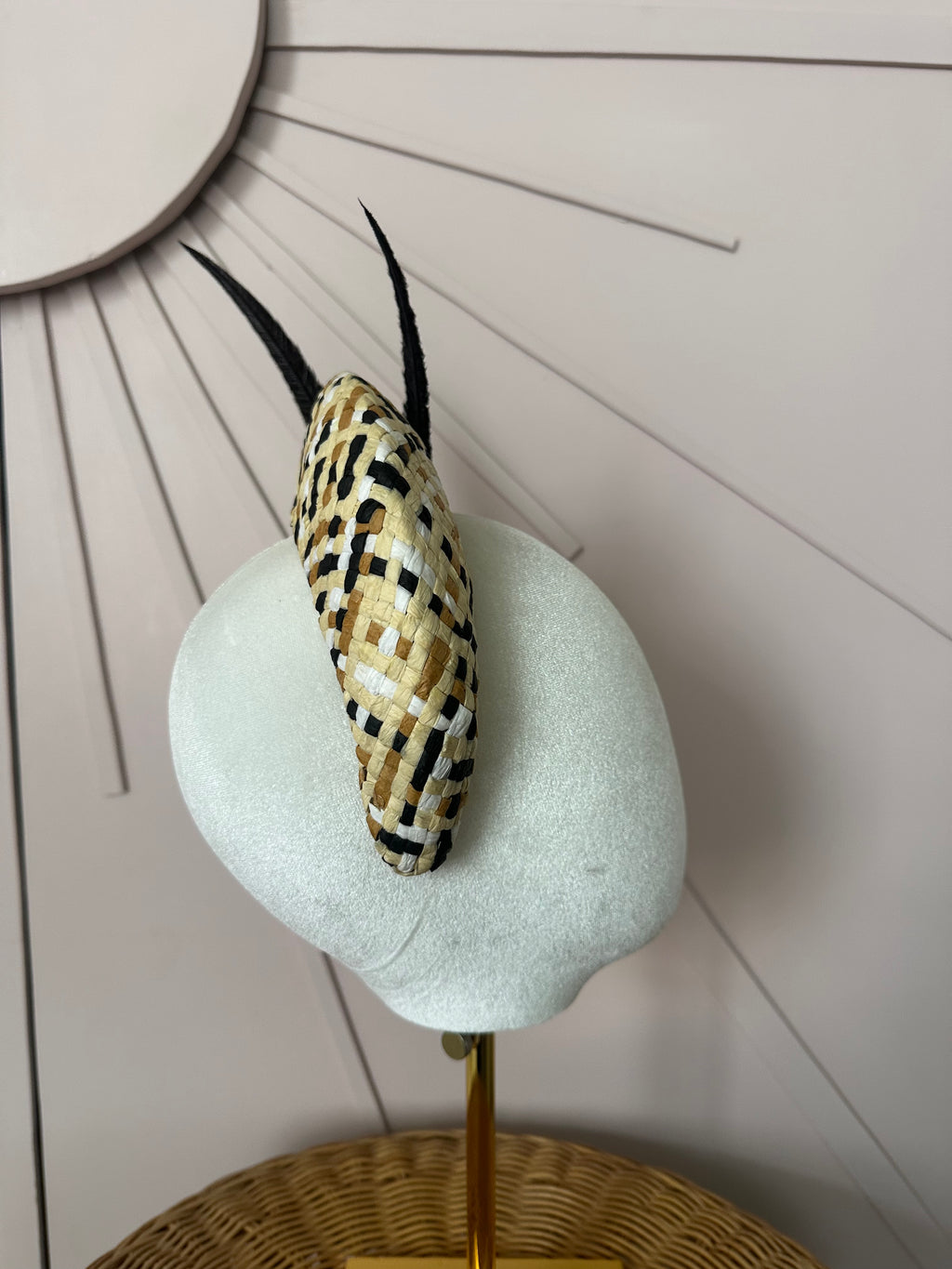 Black & Natural Woven Straw Halo Headpiece Woven with Hand-Trimmed Feather Detail