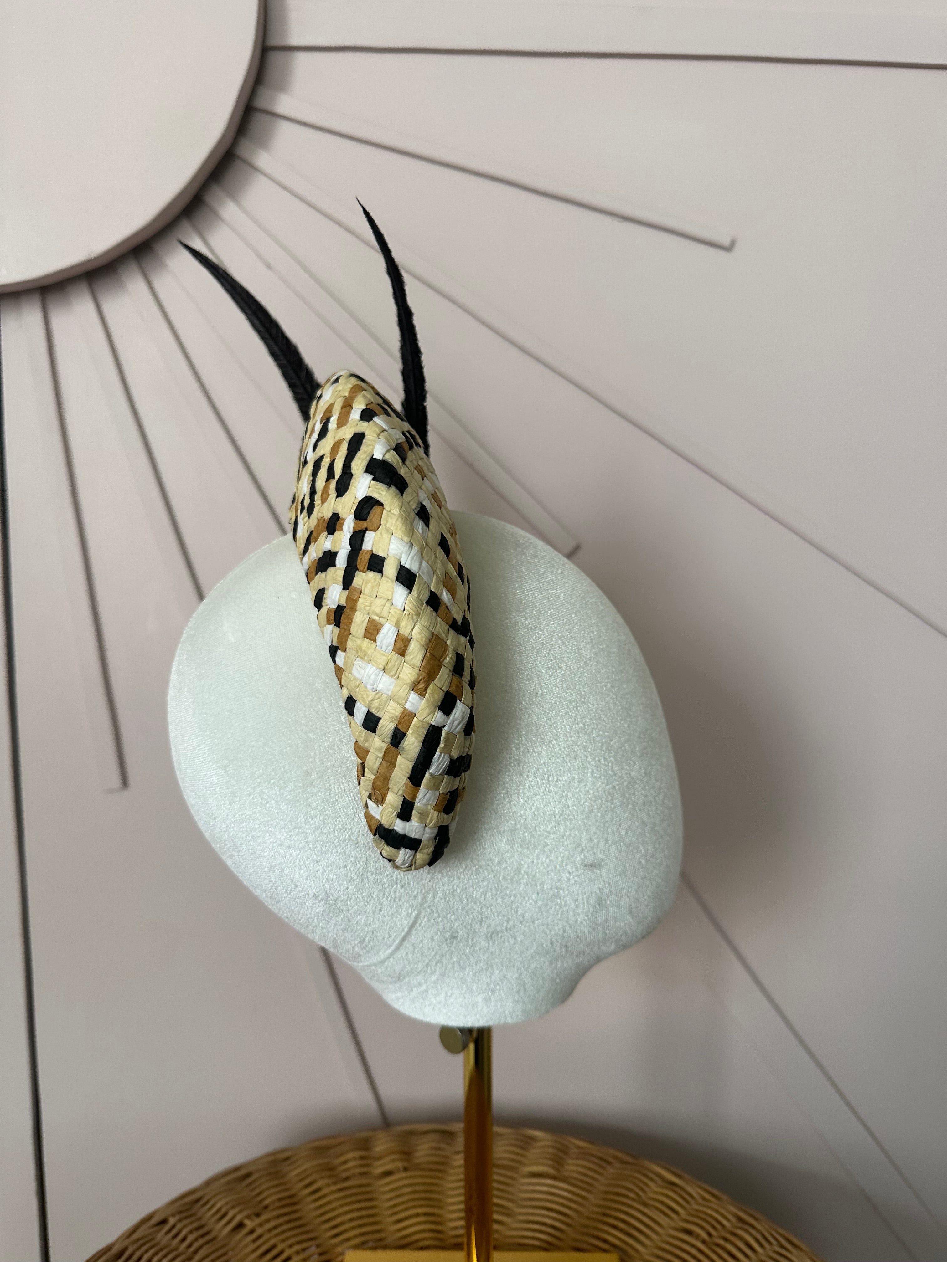 Black & Natural Woven Straw Halo Headpiece Woven with Hand-Trimmed Feather Detail