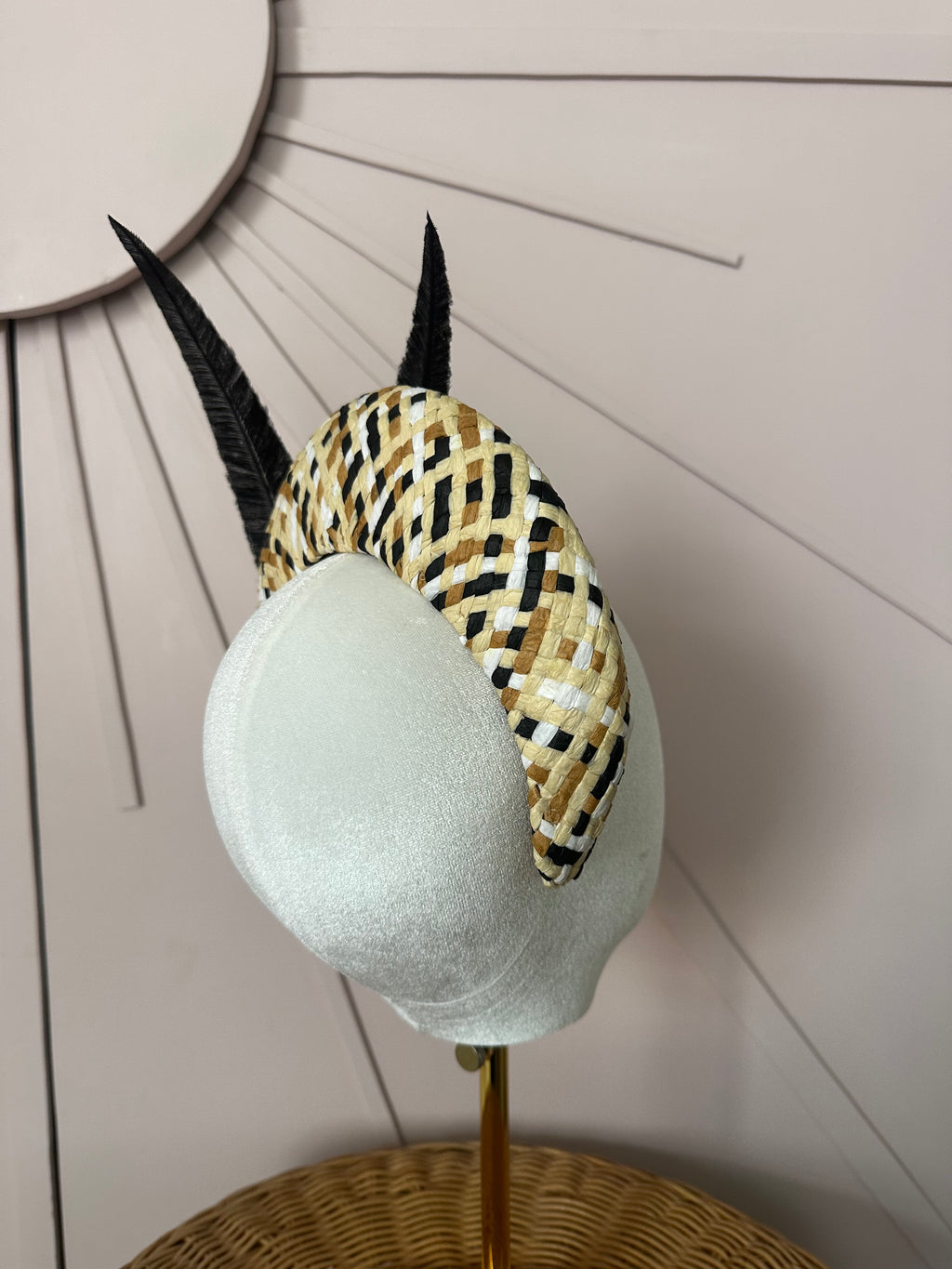 Black & Natural Woven Straw Halo Headpiece Woven with Hand-Trimmed Feather Detail