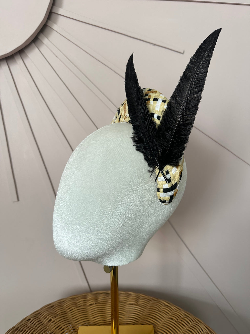 Black & Natural Woven Straw Halo Headpiece Woven with Hand-Trimmed Feather Detail