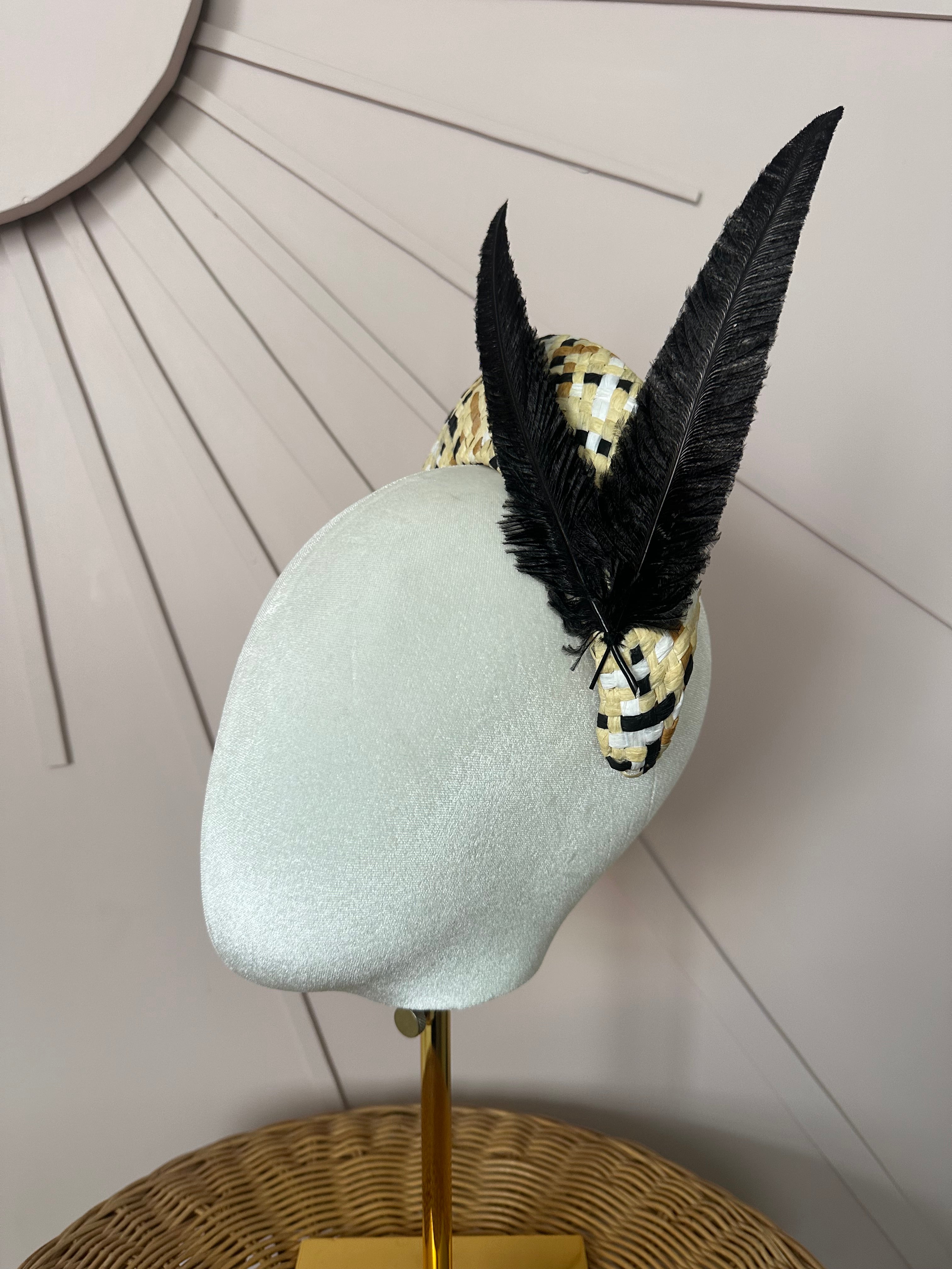 Black & Natural Woven Straw Halo Headpiece Woven with Hand-Trimmed Feather Detail