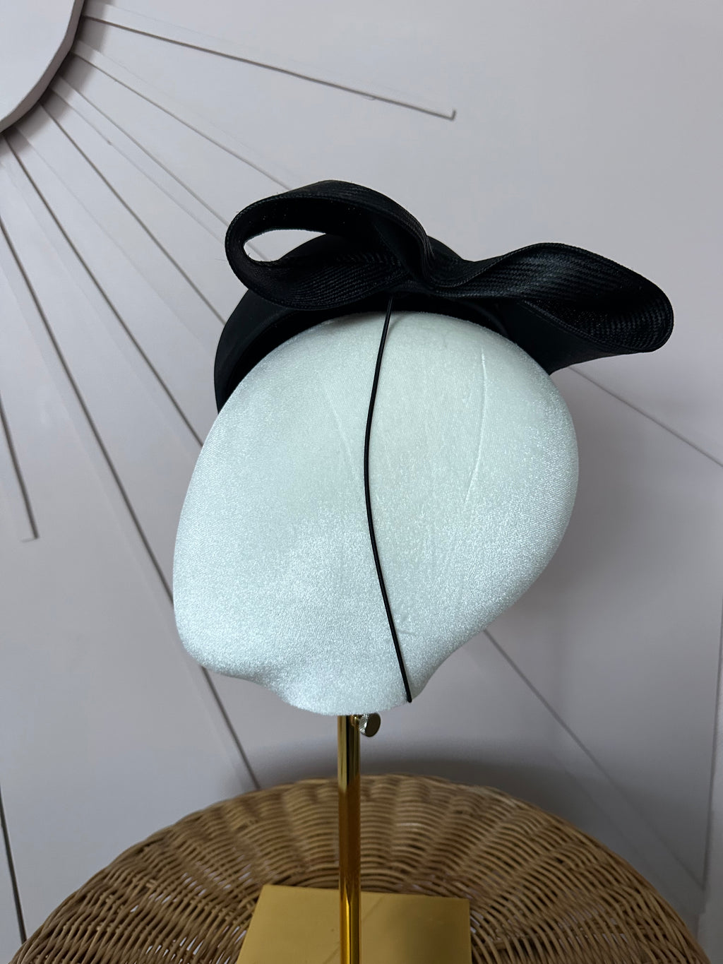 Vintage Black Satin Cocktail Hat with Sculptural Sisal Bow