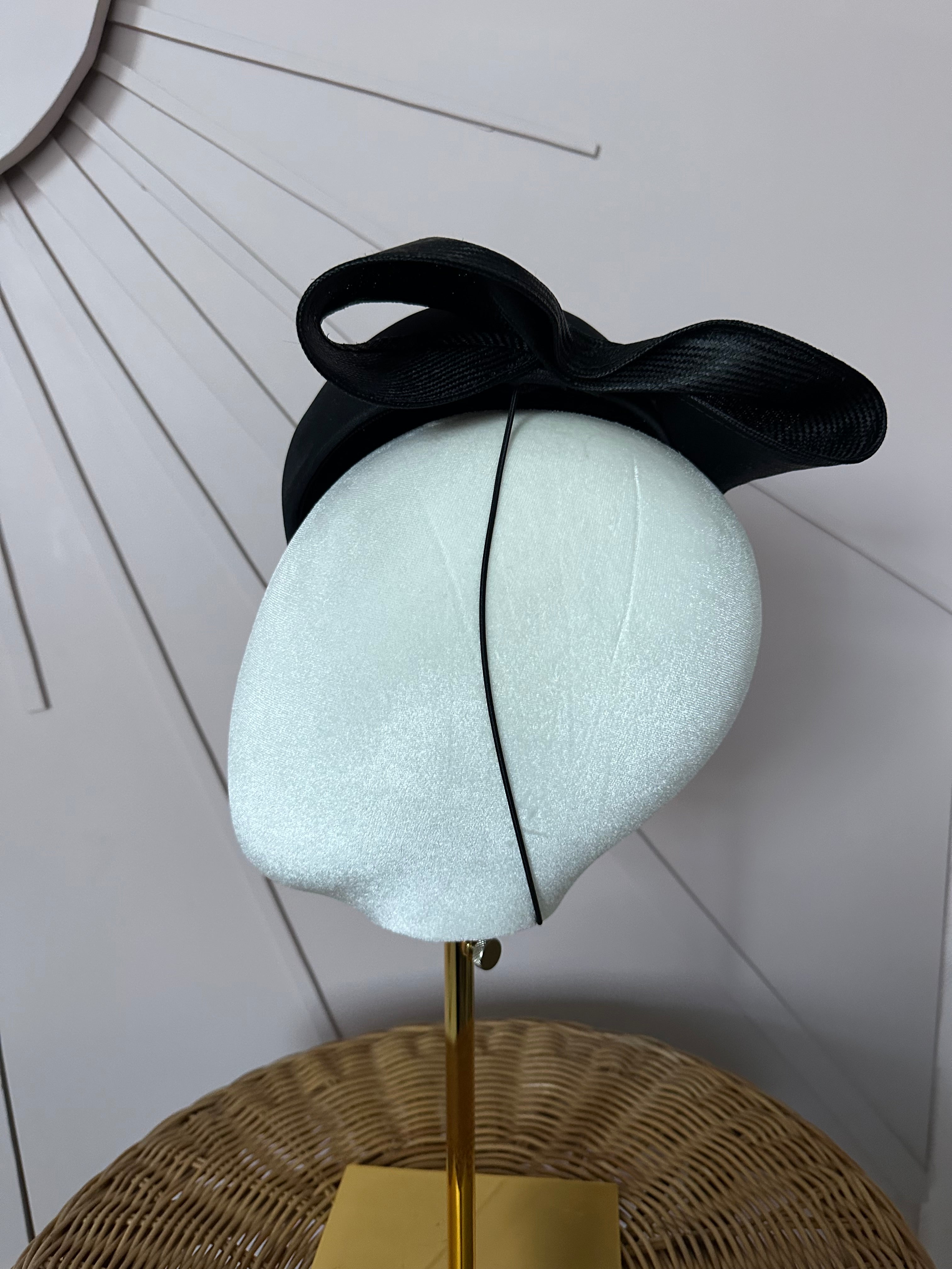 Vintage Black Satin Cocktail Hat with Sculptural Sisal Bow