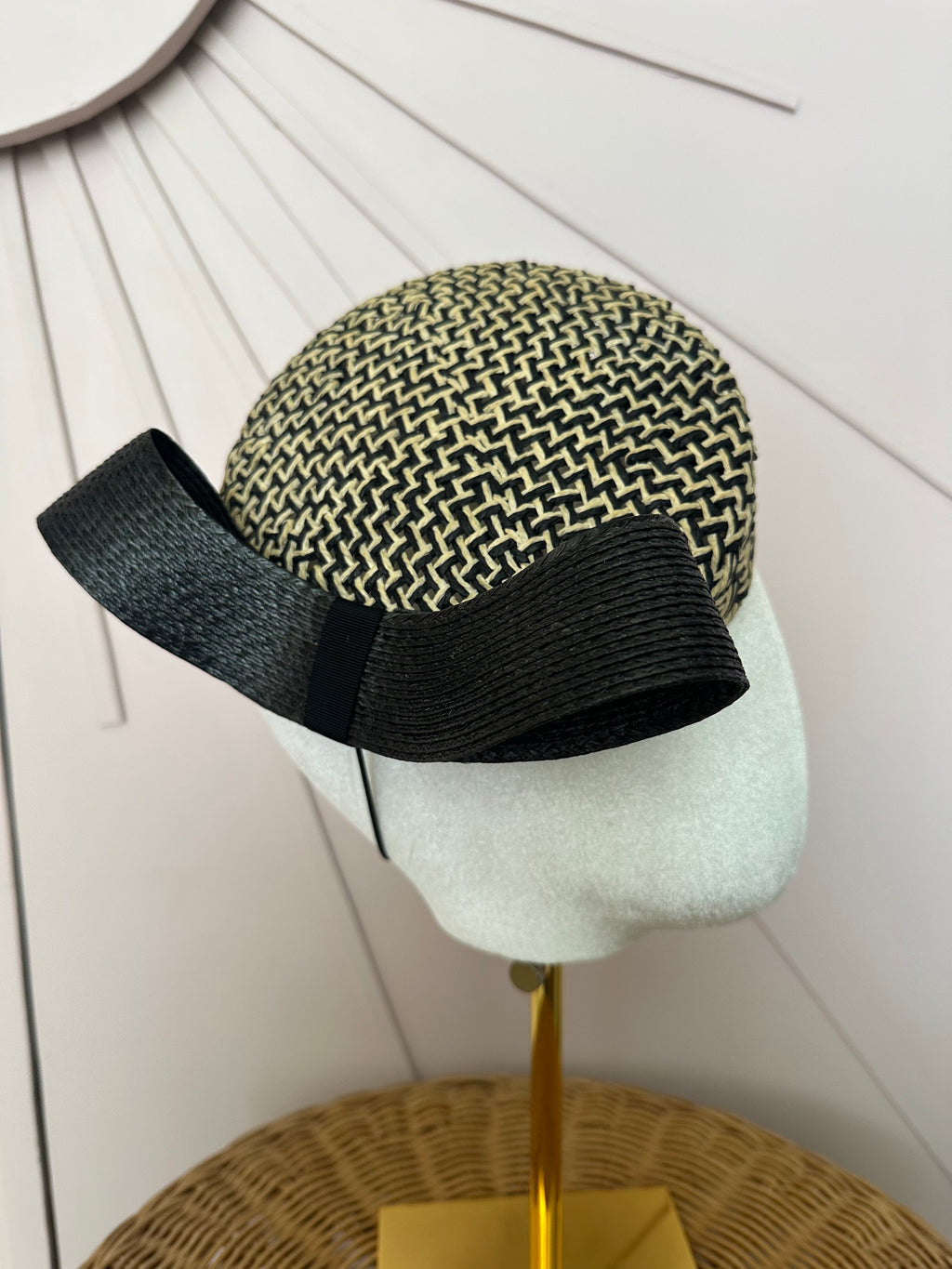 Black & Natural Woven Pillbox Hat with Sculptural Bow