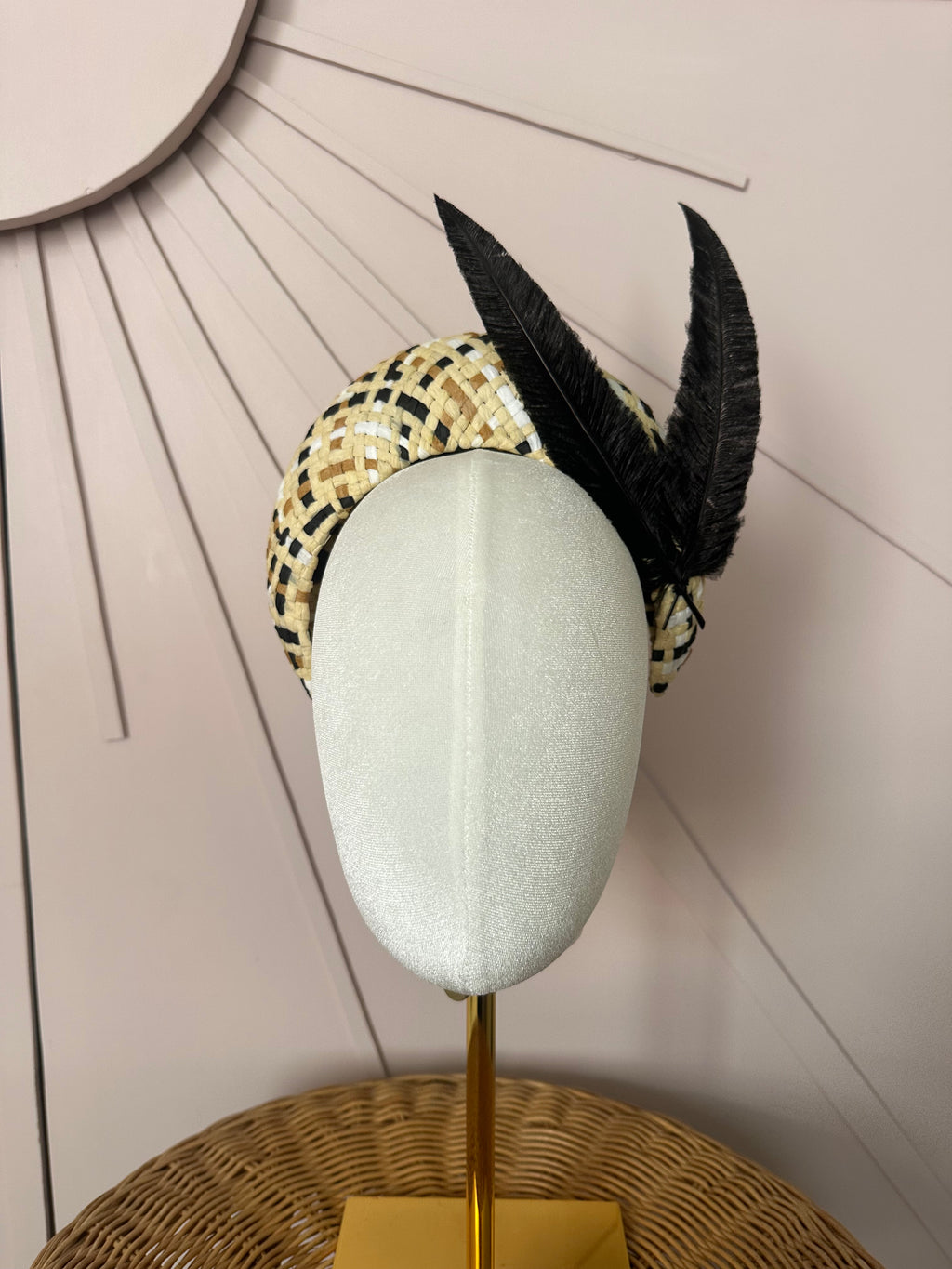 Black & Natural Woven Straw Halo Headpiece Woven with Hand-Trimmed Feather Detail